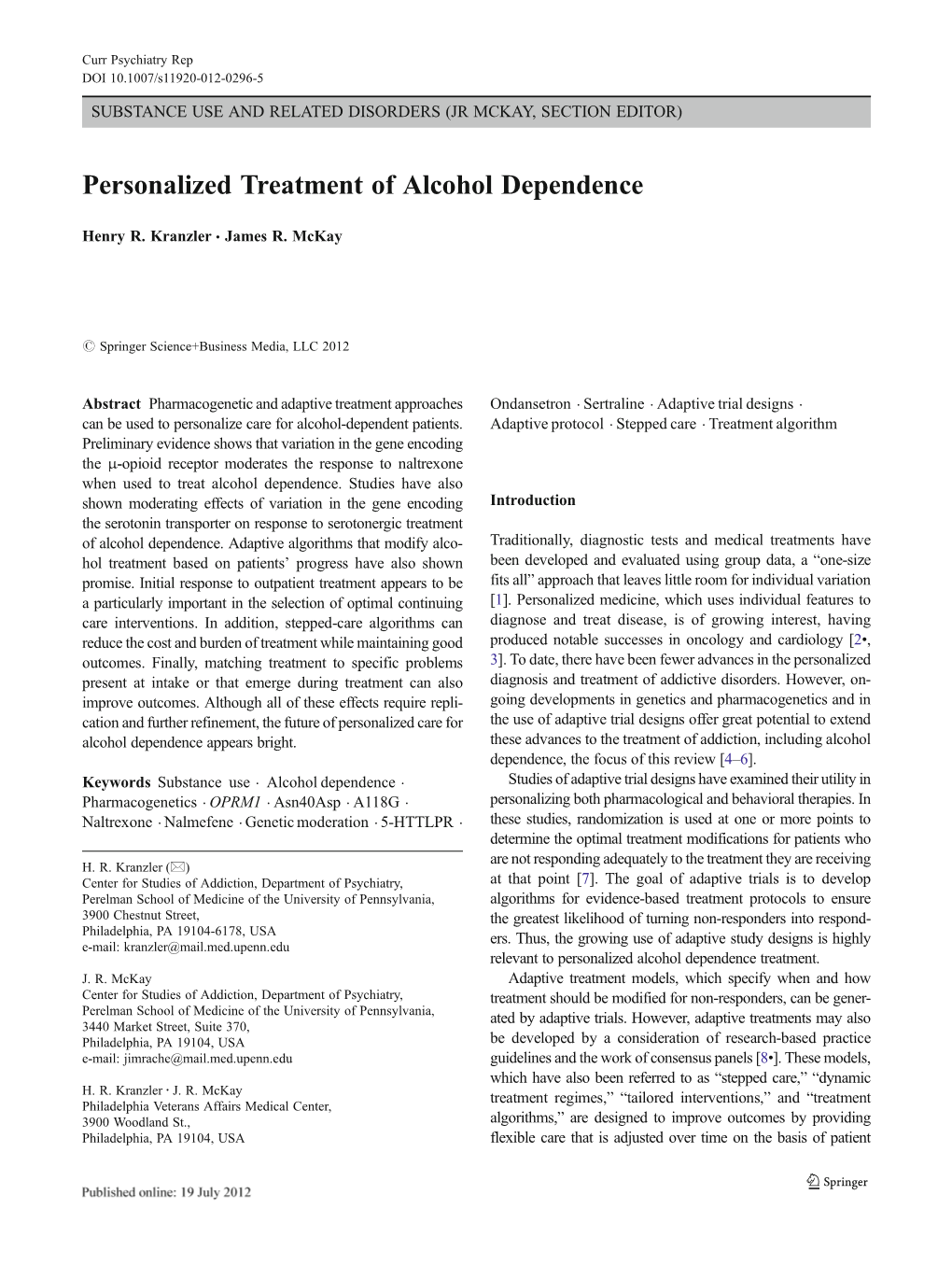 Personalized Treatment of Alcohol Dependence