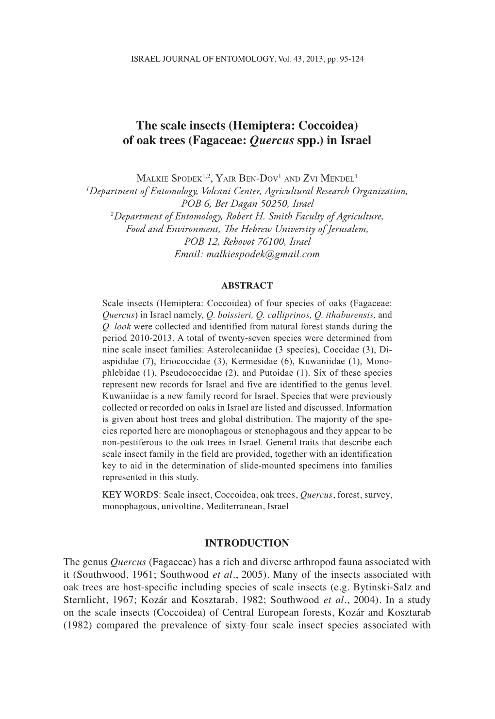 The Scale Insects (Hemiptera: Coccoidea) of Oak Trees (Fagaceae: Quercus Spp.) in Israel