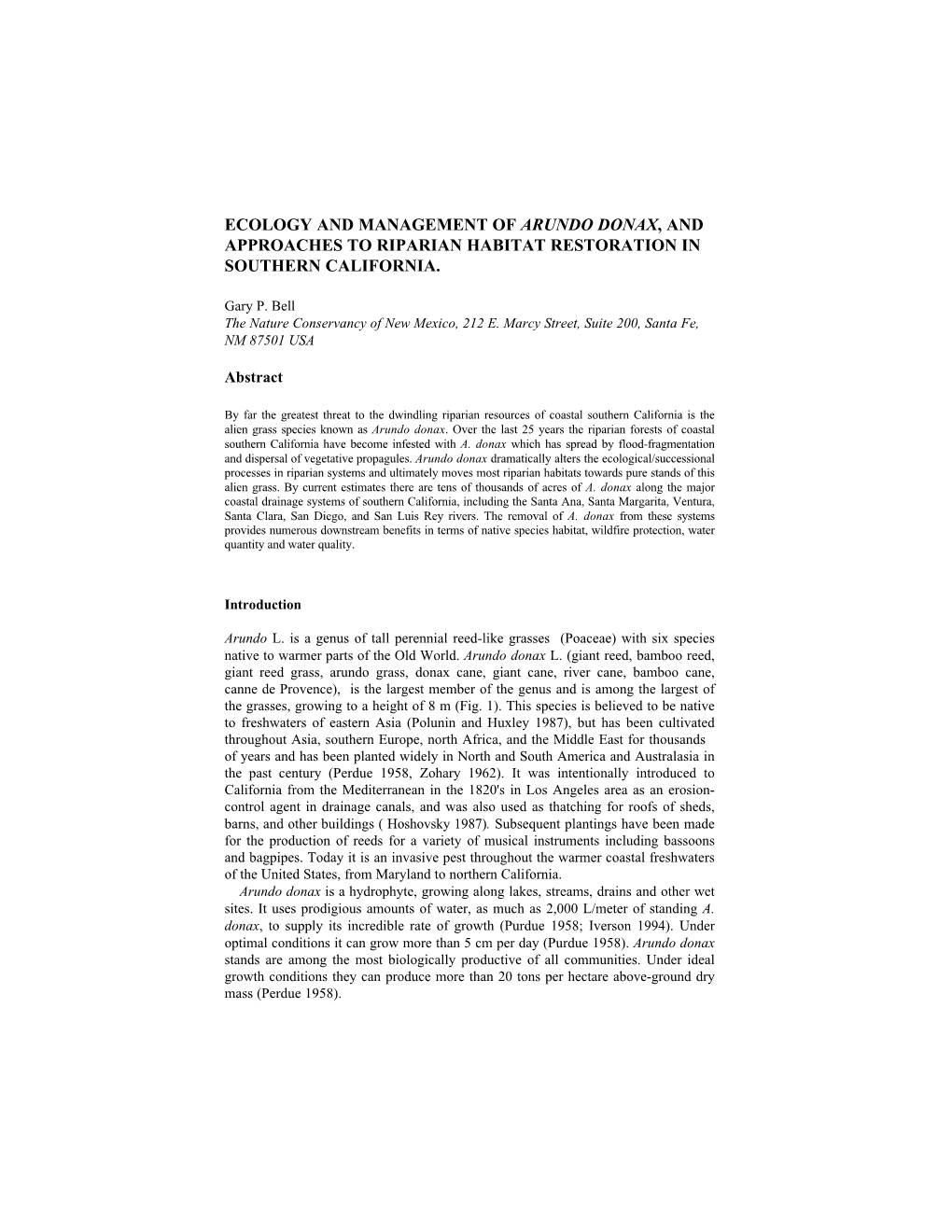 Ecology and Management of Arundo Donax, and Approaches to Riparian Habitat Restoration in Southern California