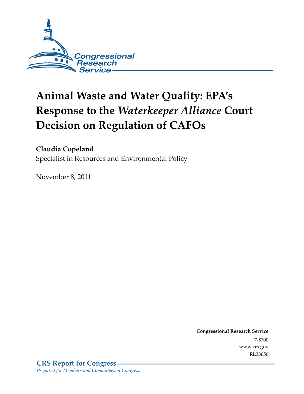 Animal Waste and Water Quality: EPA’S Response to the Waterkeeper Alliance Court Decision on Regulation of Cafos