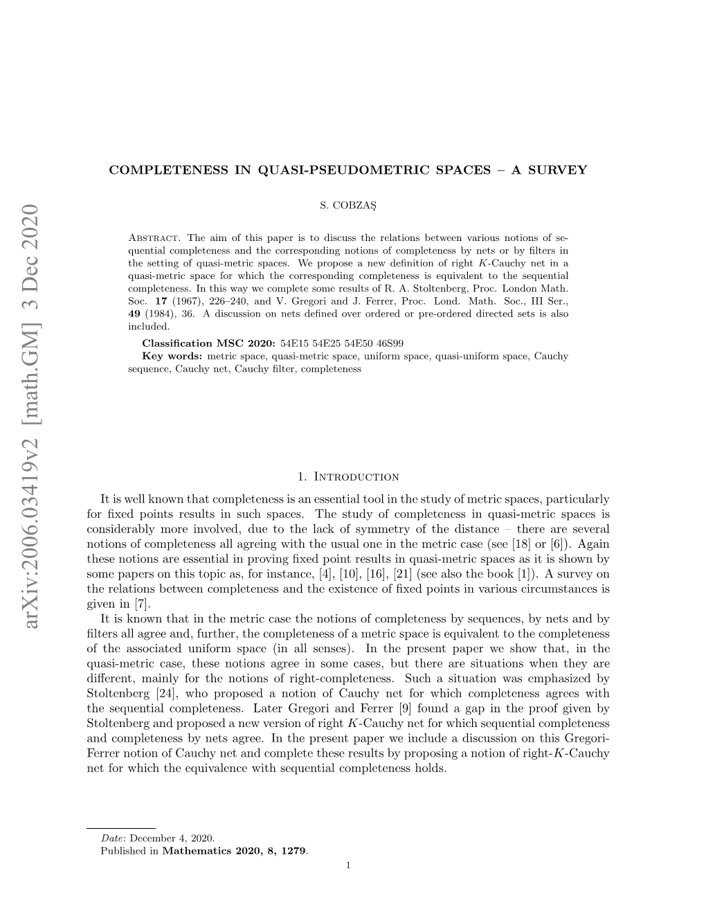 Arxiv:2006.03419V2 [Math.GM] 3 Dec 2020 H Eain Ewe Opeeesadteeitneo ﬁxe of [ Existence [7]