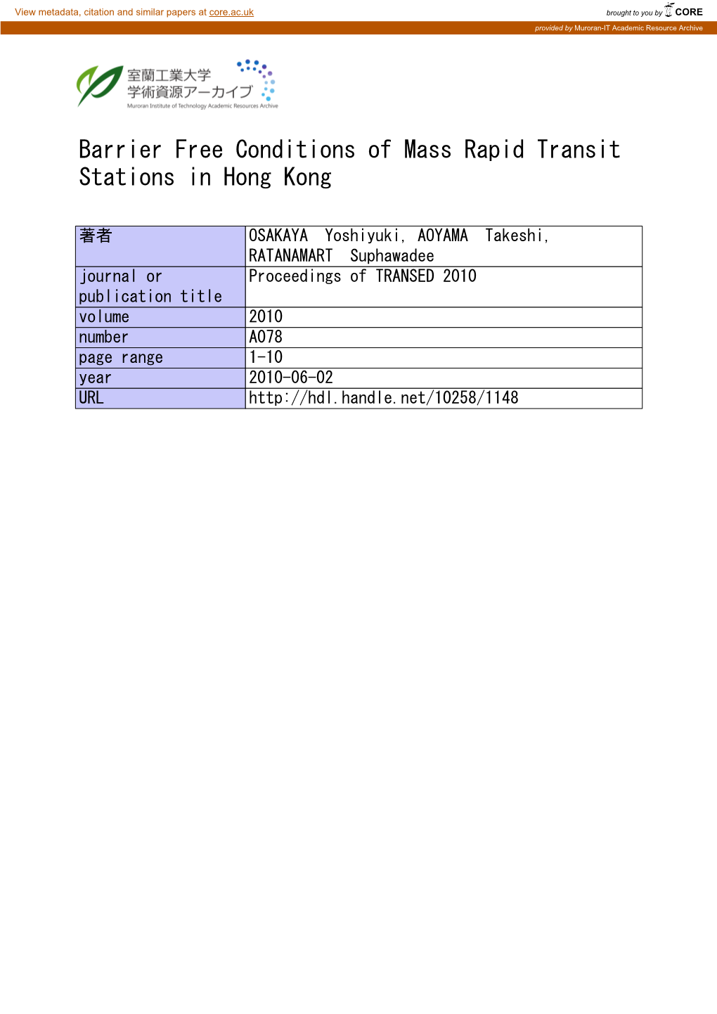 Barrier Free Conditions of Mass Rapid Transit Stations in Hong Kong