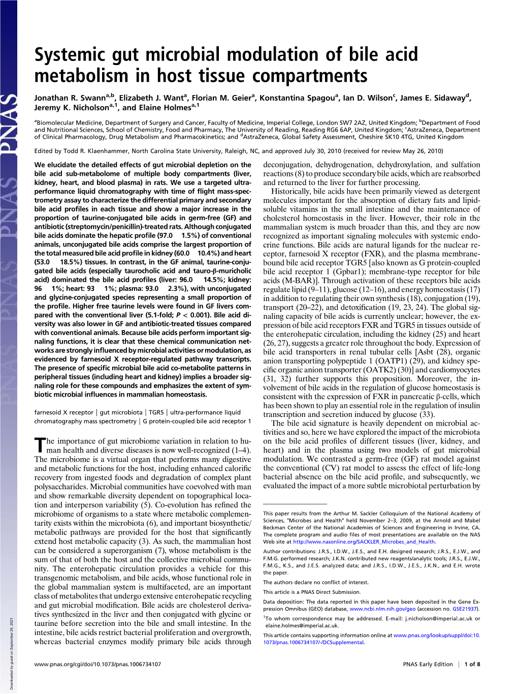 Systemic Gut Microbial Modulation of Bile Acid Metabolism in Host Tissue Compartments