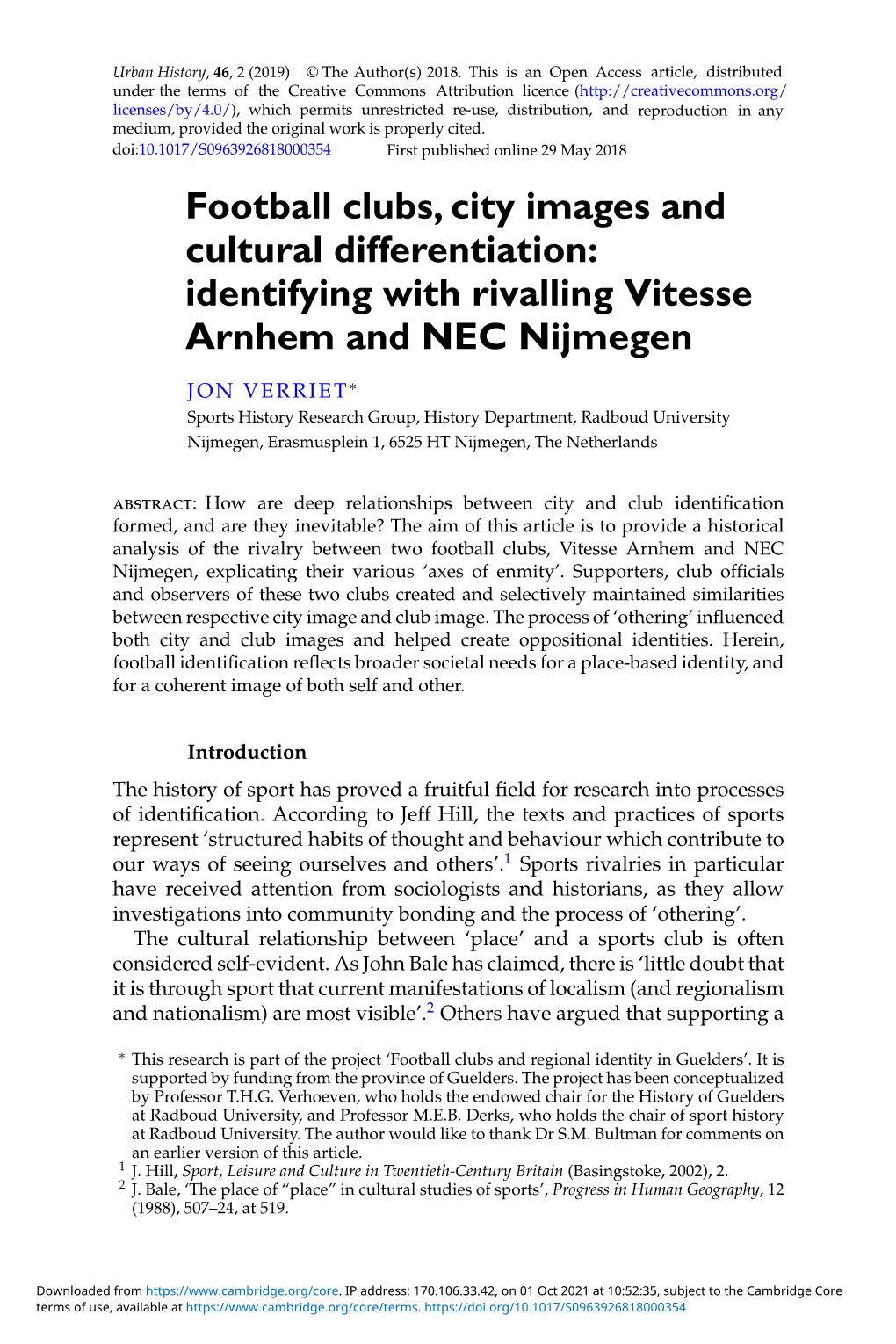 Football Clubs, City Images and Cultural Differentiation: Identifying with Rivalling Vitesse Arnhem and NEC Nijmegen