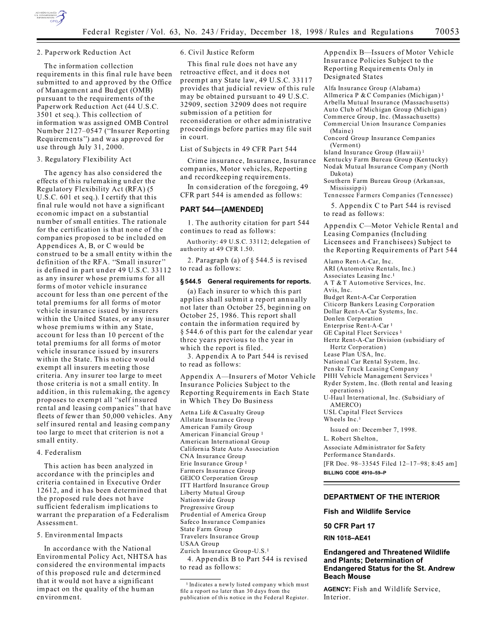 Federal Register/Vol. 63, No. 243/Friday, December 18, 1998