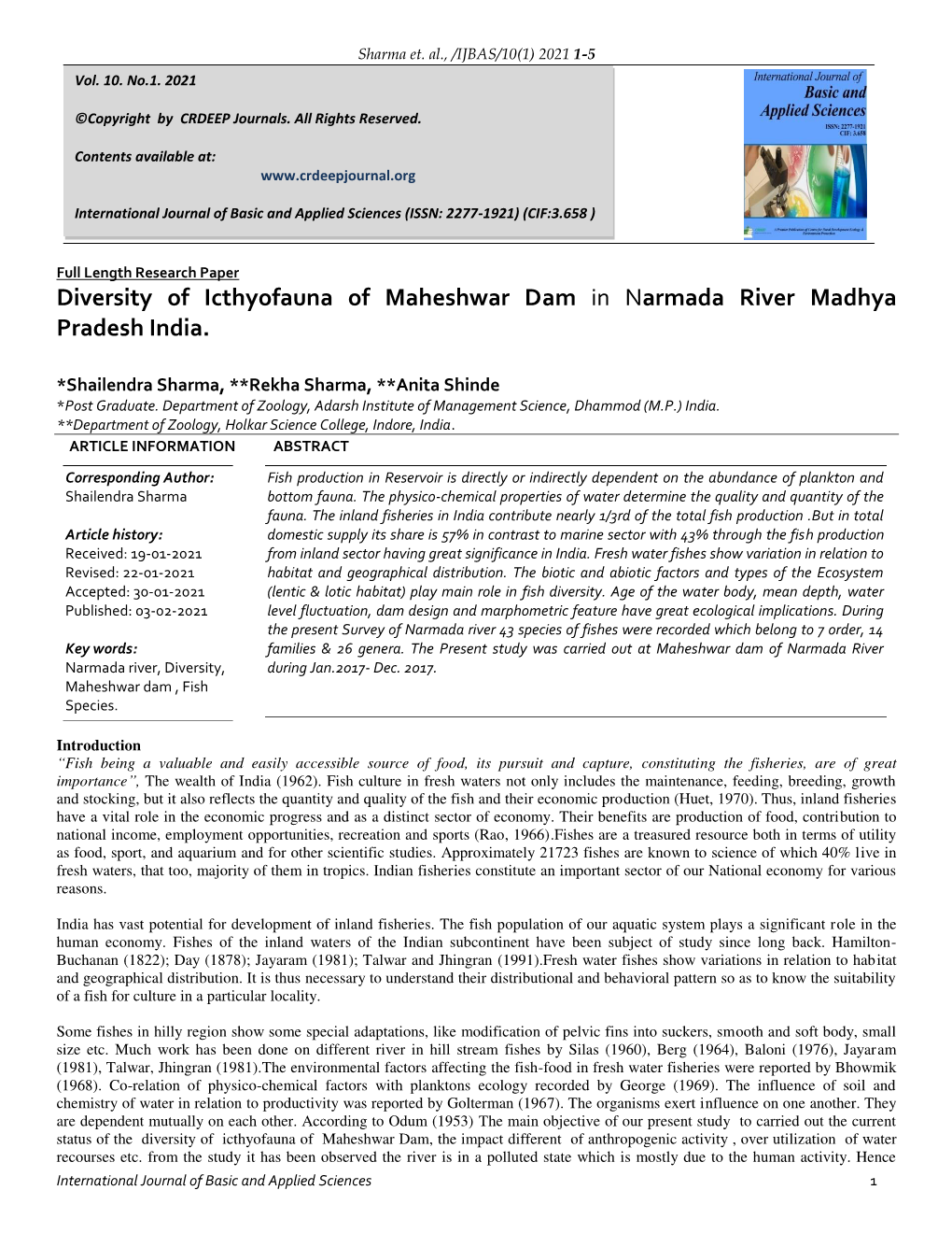 Diversity of Icthyofauna of Maheshwar Dam in Narmada River Madhya Pradesh India