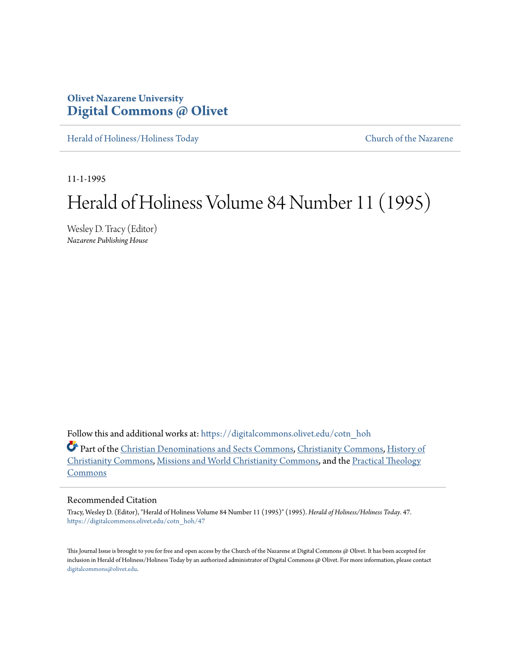 Herald of Holiness Volume 84 Number 11 (1995) Wesley D