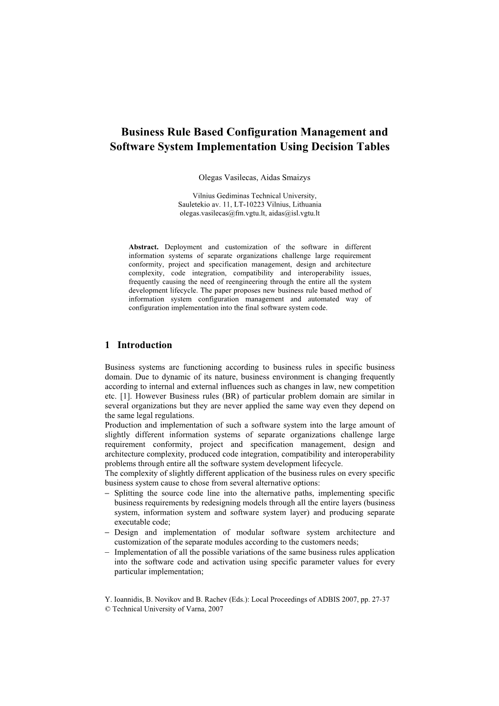 Business Rule Based Configuration Management and Software System Implementation Using Decision Tables