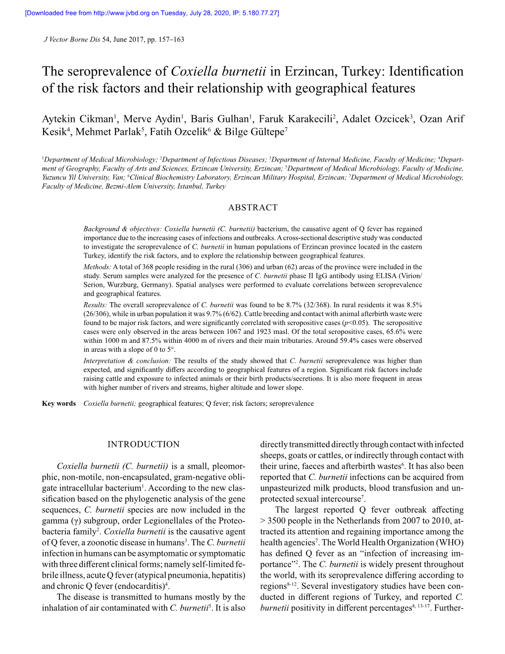 The Seroprevalence of Coxiella Burnetii in Erzincan, Turkey: Identification of the Risk Factors and Their Relationship with Geographical Features