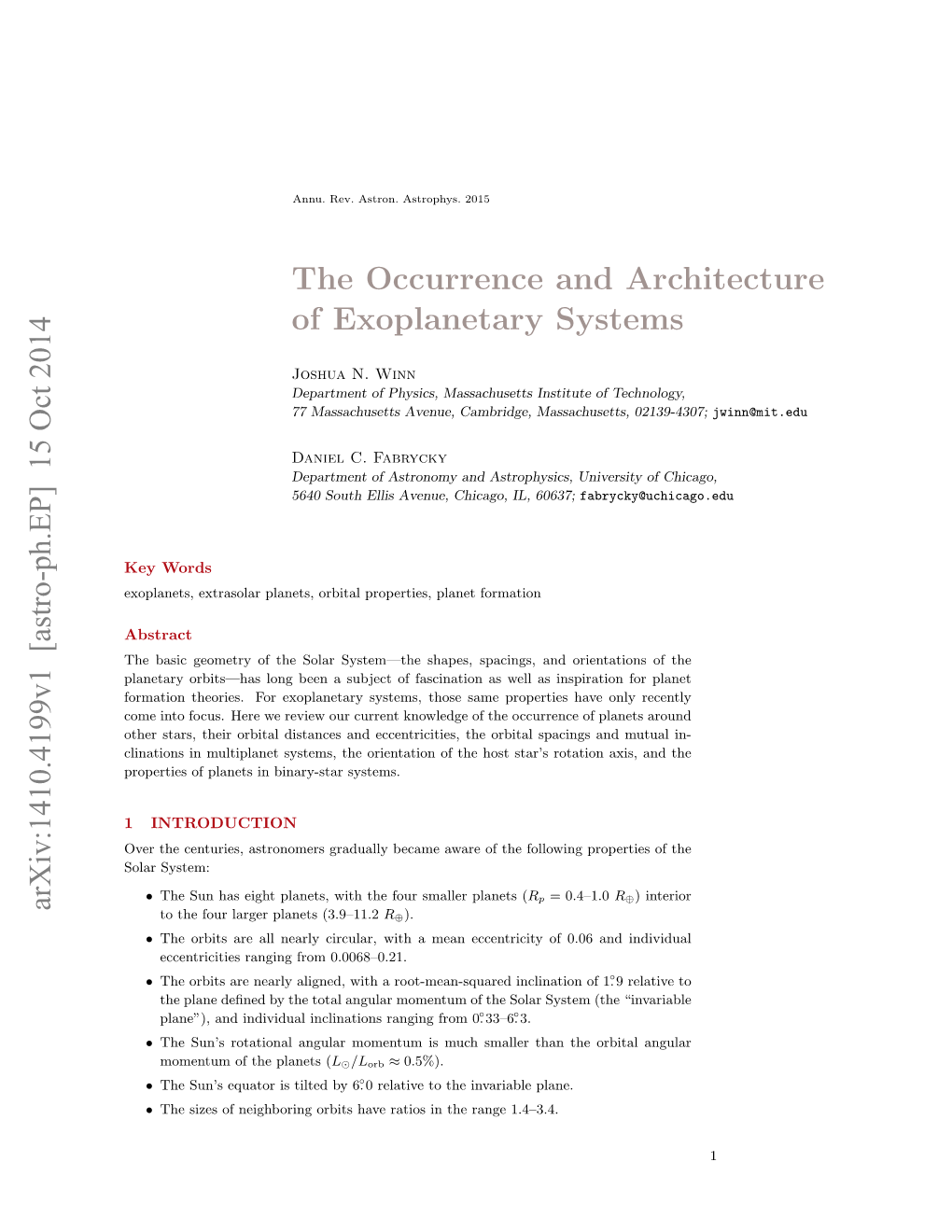 The Occurrence and Architecture of Exoplanetary Systems Arxiv:1410.4199V1 [Astro-Ph.EP] 15 Oct 2014