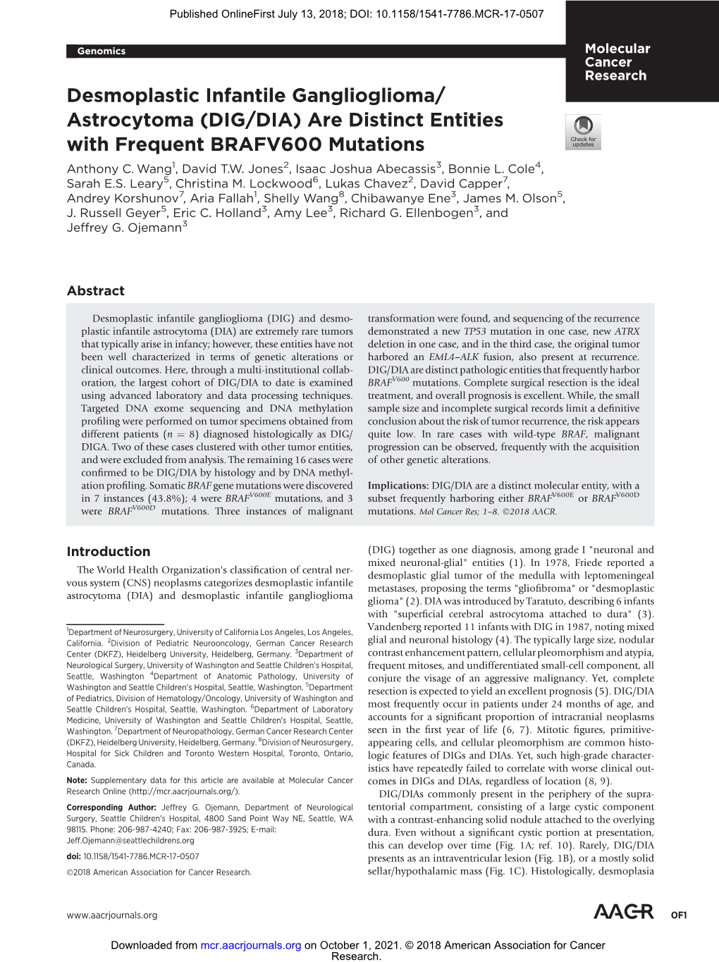 Desmoplastic Infantile Ganglioglioma/Astrocytoma (DIG/DIA) Are Distinct Entities with Frequent BRAFV600 Mutations