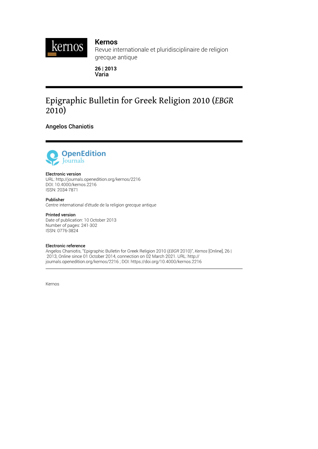 Epigraphic Bulletin for Greek Religion 2010 (EBGR 2010)