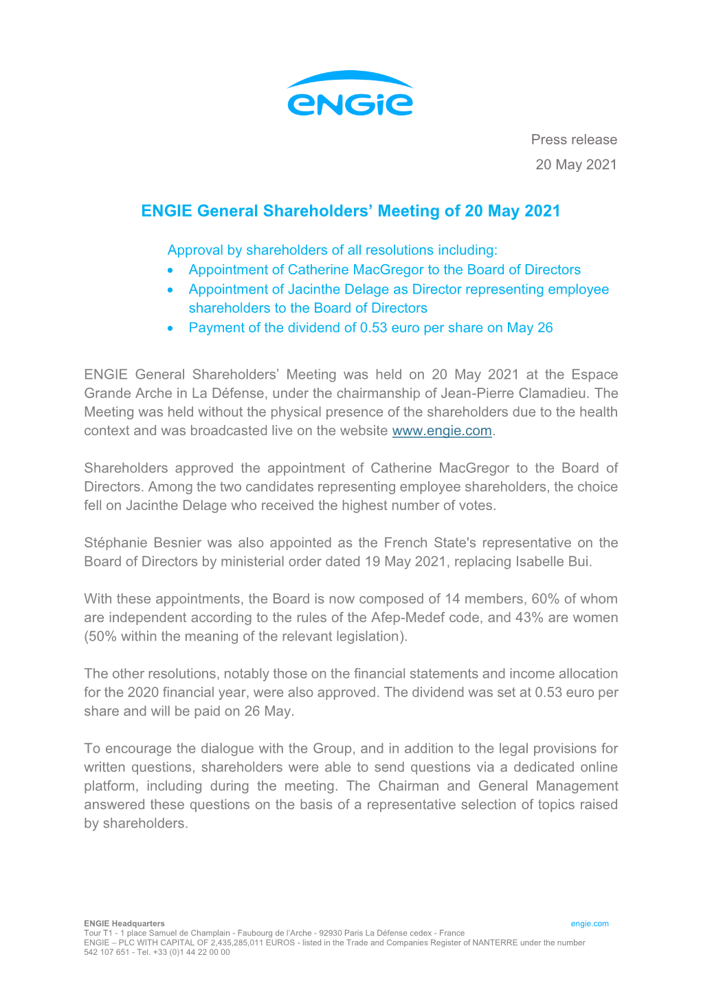 ENGIE General Shareholders' Meeting of 20 May 2021