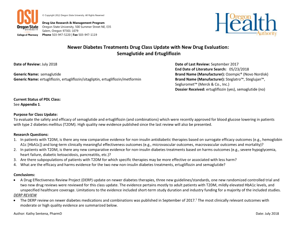 Newer Diabetes Treatments Drug Class Update with New Drug Evaluation: Semaglutide and Ertugliflozin