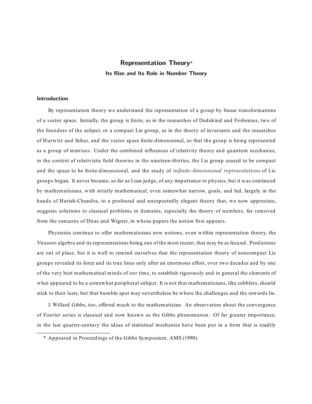 Representation Theory* Its Rise and Its Role in Number Theory