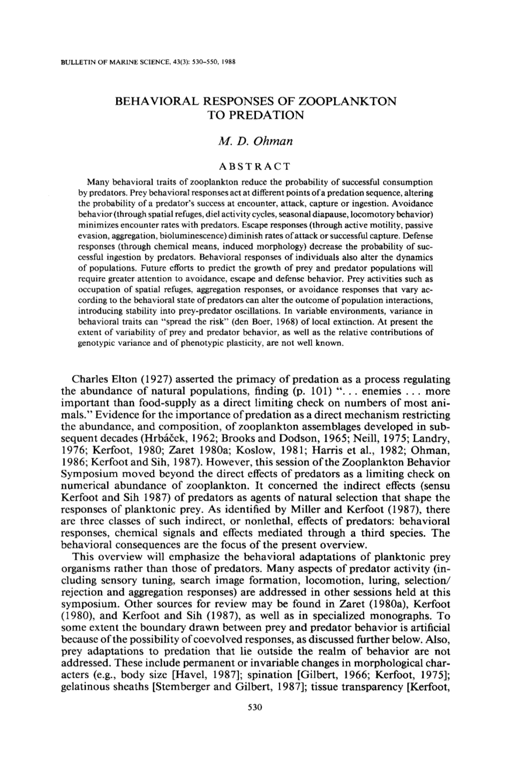 Behavioral Responses of Zooplankton to Predation