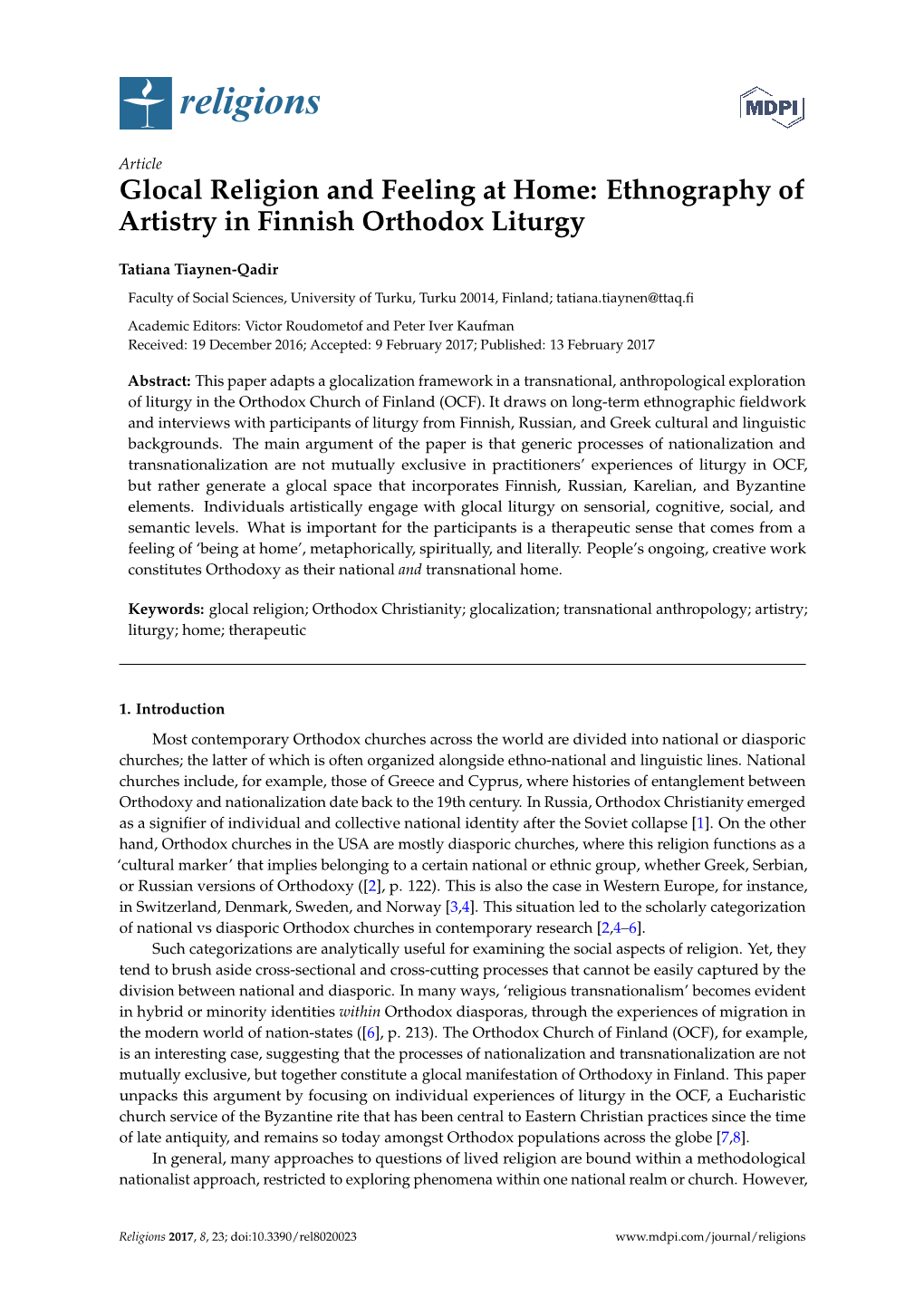 Glocal Religion and Feeling at Home: Ethnography of Artistry in Finnish Orthodox Liturgy