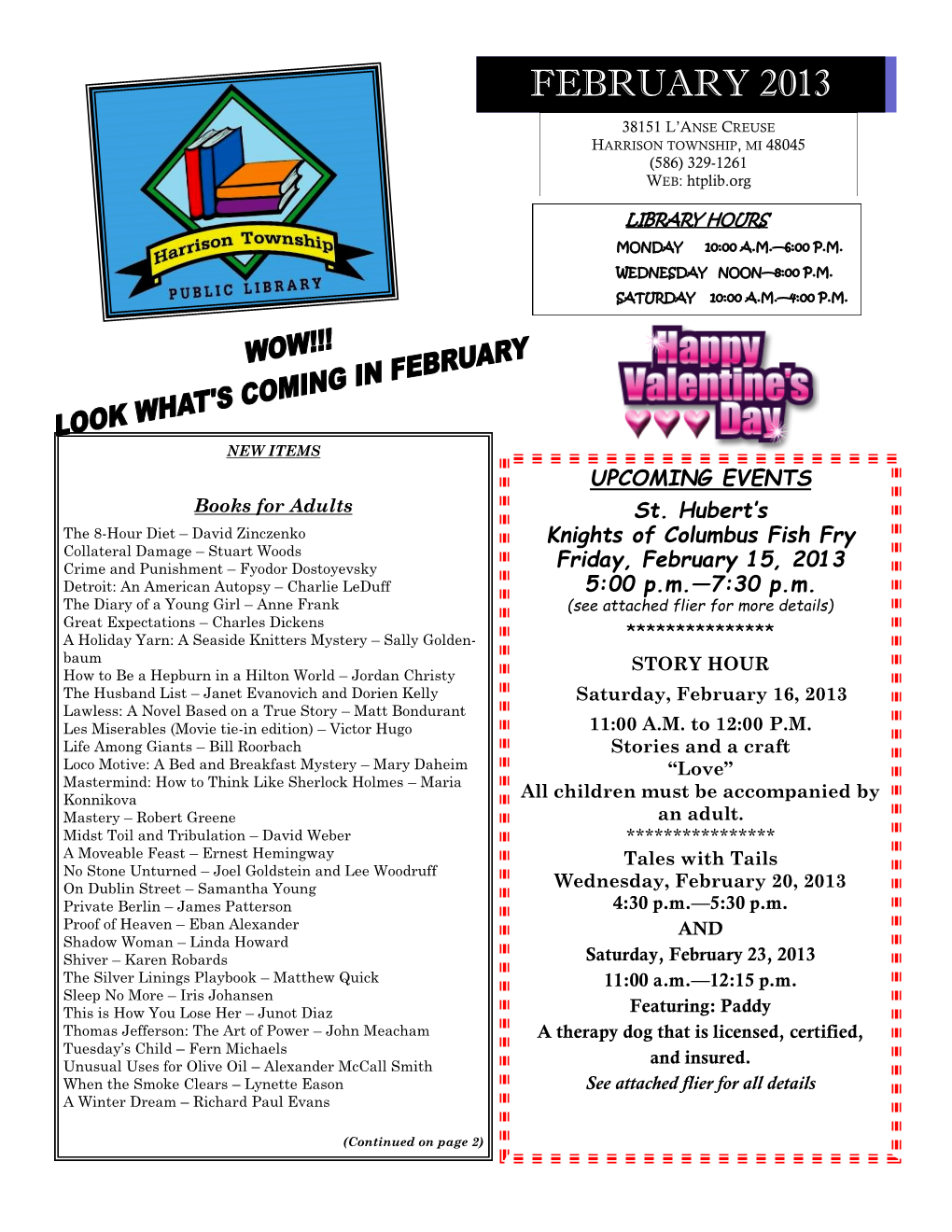 UPCOMING EVENTS St. Hubert's Knights of Columbus Fish Fry