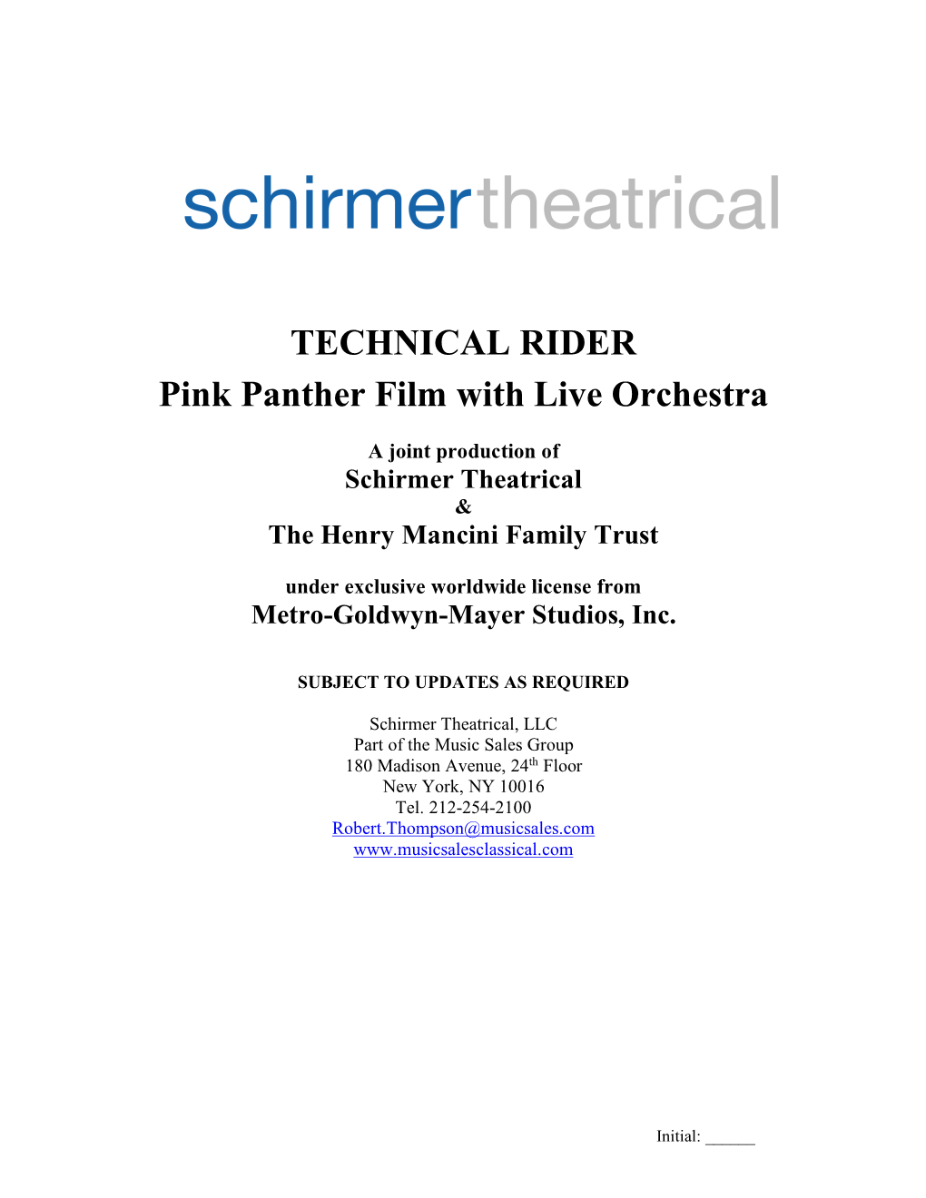 TECHNICAL RIDER Pink Panther Film with Live Orchestra