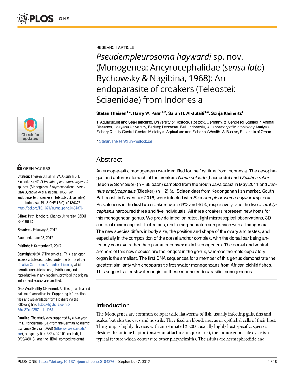 (Monogenea: Ancyrocephalidae (Sensu Lato) Bychowsky & Nagibina, 1968): an Endoparasite of Croakers (Teleostei: Sciaenidae) from Indonesia