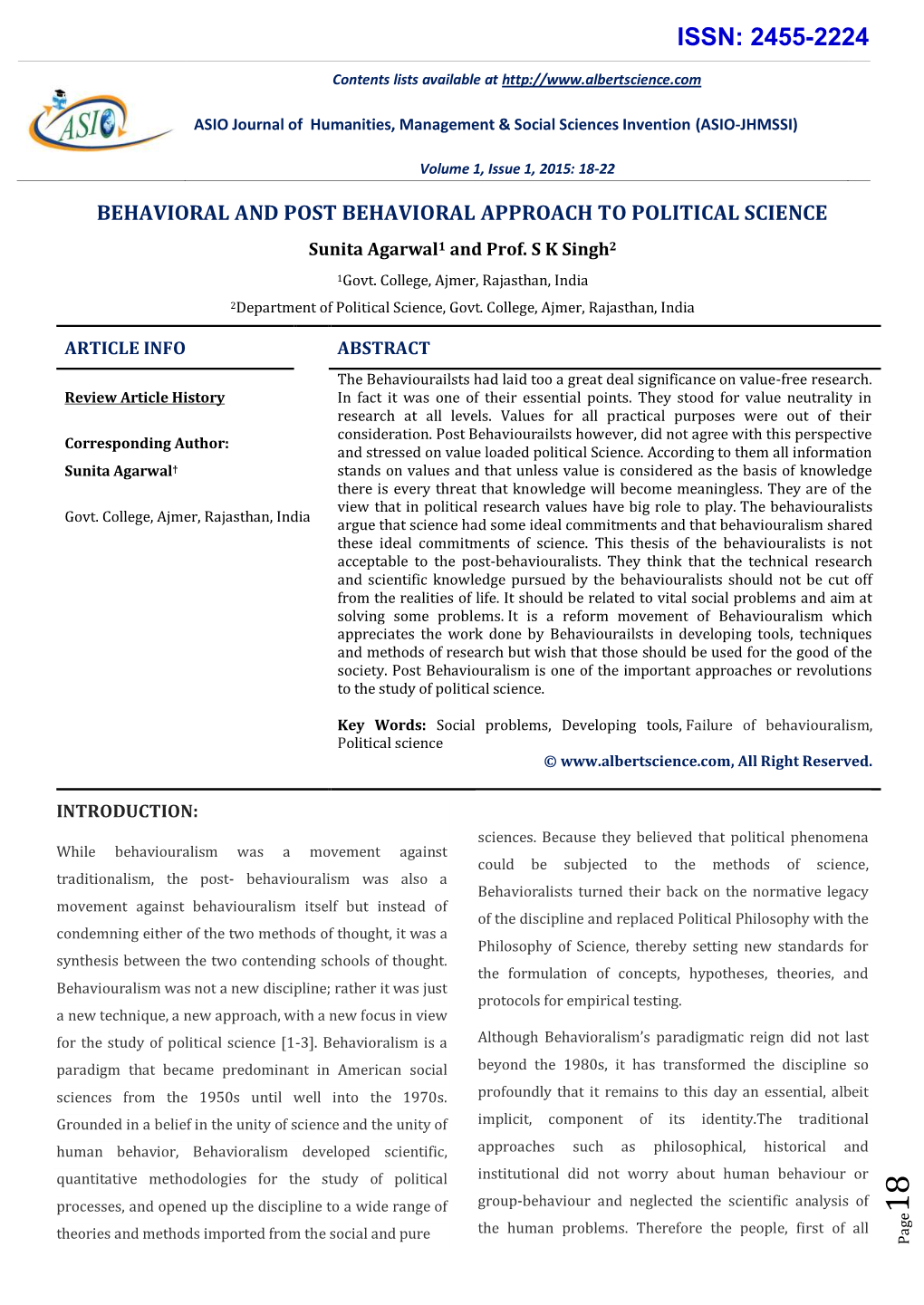 BEHAVIORAL and POST BEHAVIORAL APPROACH to POLITICAL SCIENCE Sunita Agarwal1 and Prof