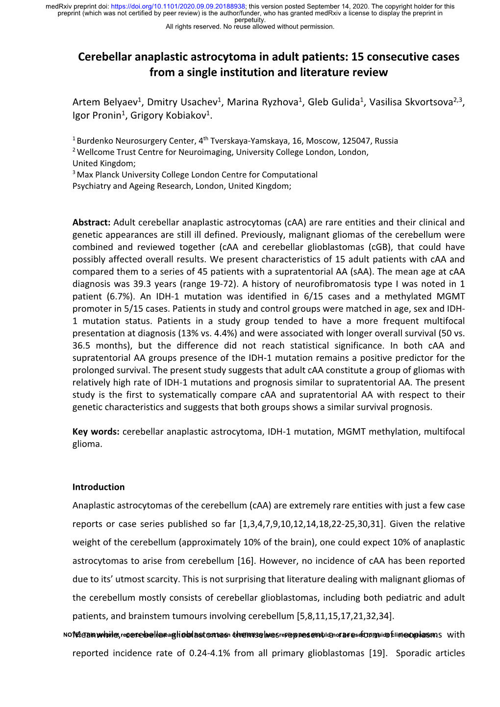 Cerebellar Anaplastic Astrocytoma in Adult Patients: 15 Consecutive Cases from a Single Institution and Literature Review