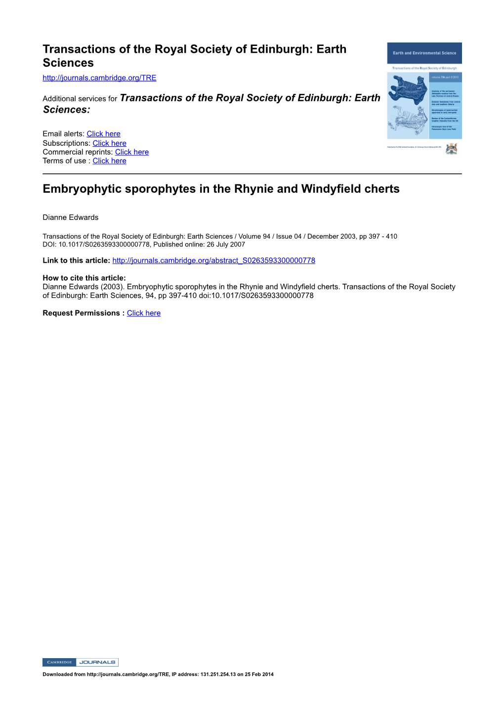 Embryophytic Sporophytes in the Rhynie and Windyfield Cherts