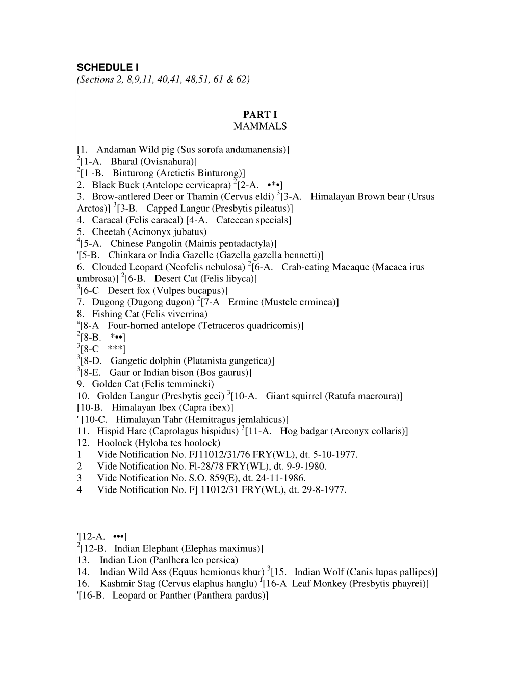 SCHEDULE I (Sections 2, 8,9,11, 40,41, 48,51, 61 & 62)