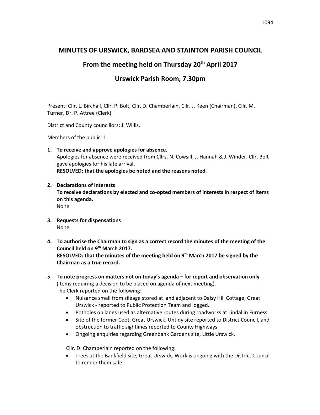 Meeting of Urswick Parish Council