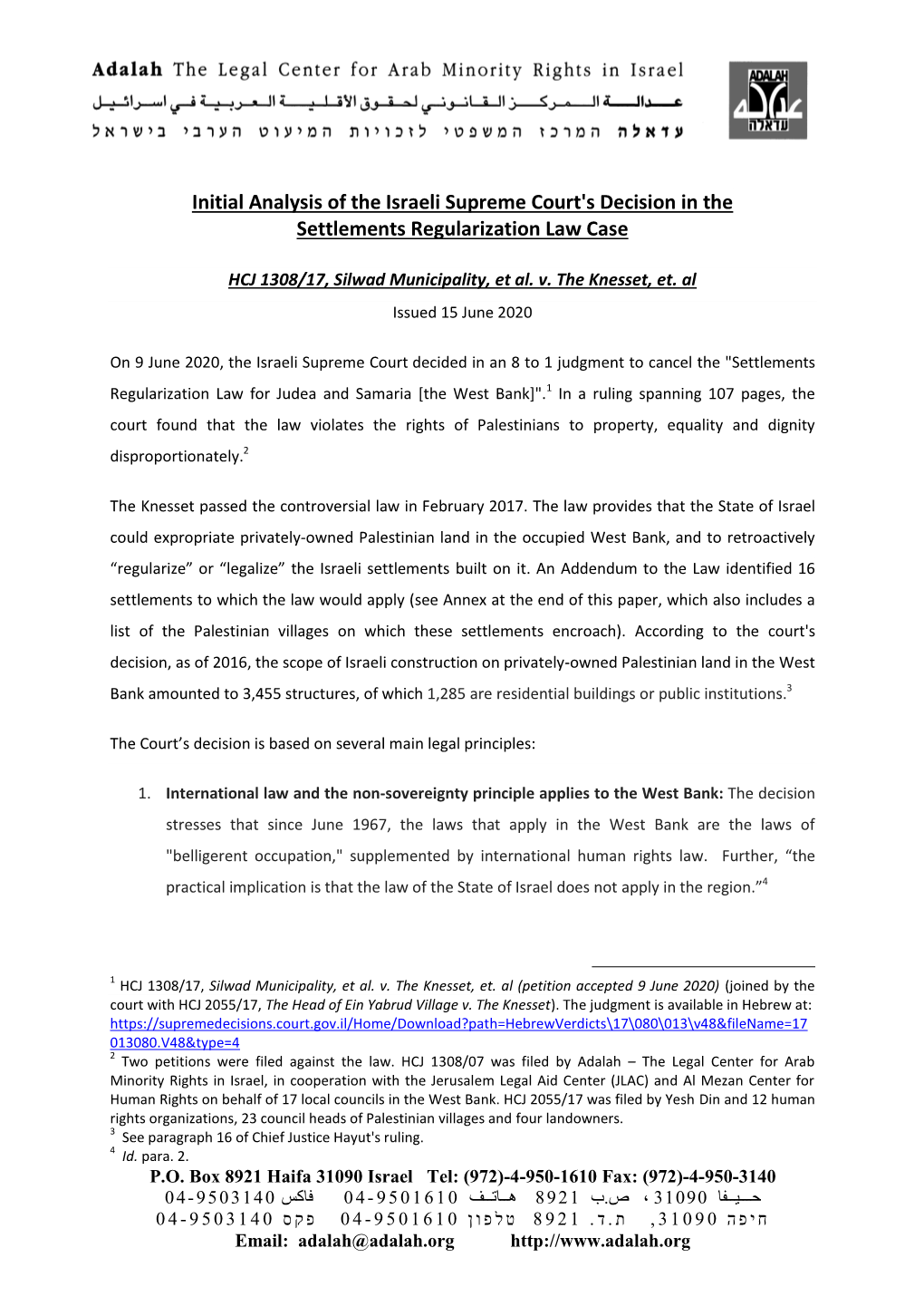 Initial Analysis of the Israeli Supreme Court's Decision in the Settlements Regularization Law Case