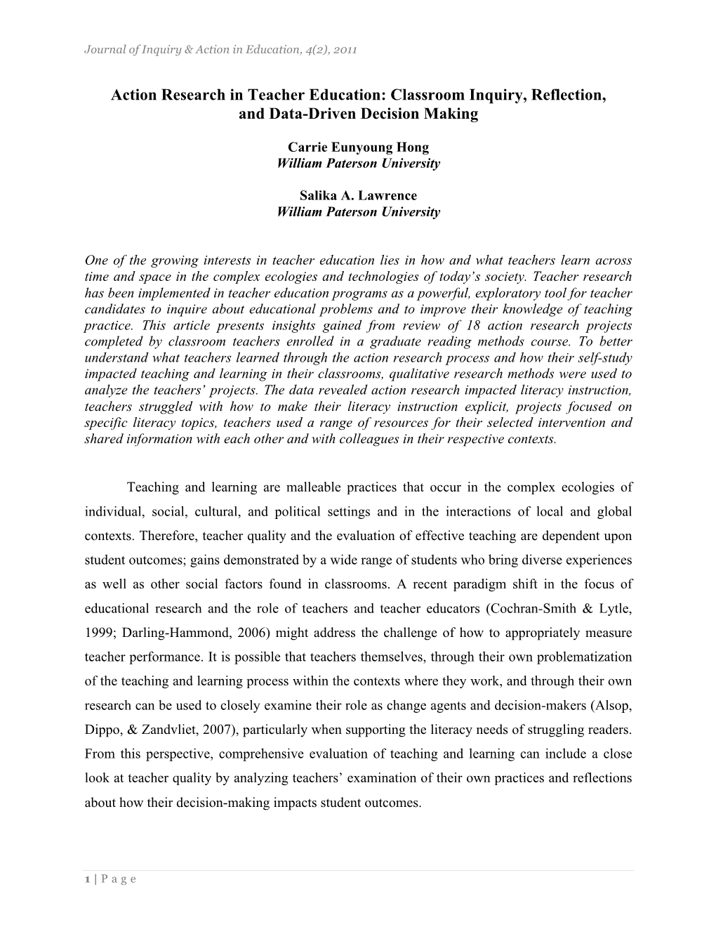 Action Research in Teacher Education: Classroom Inquiry, Reflection, and Data-Driven Decision Making