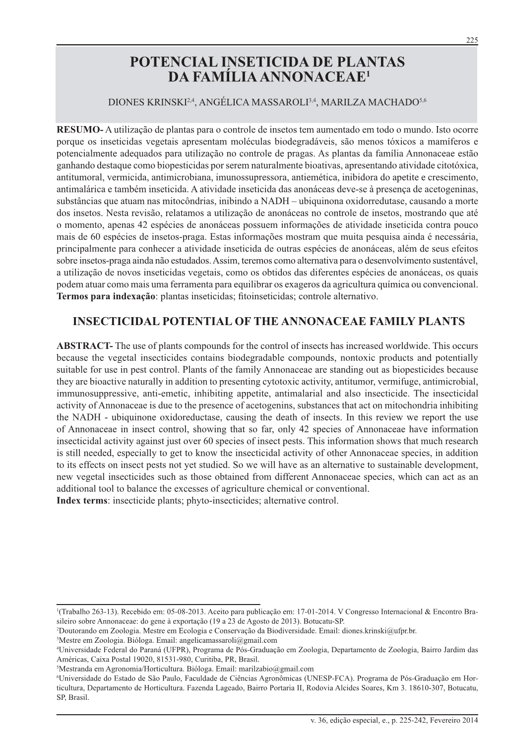 Potencial Inseticida De Plantas Da Família Annonaceae1