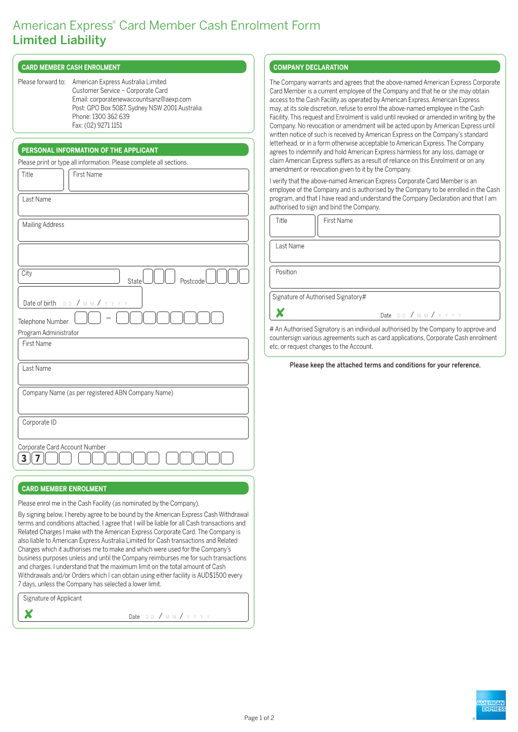 Corporate Cash on Card Member Enrolment