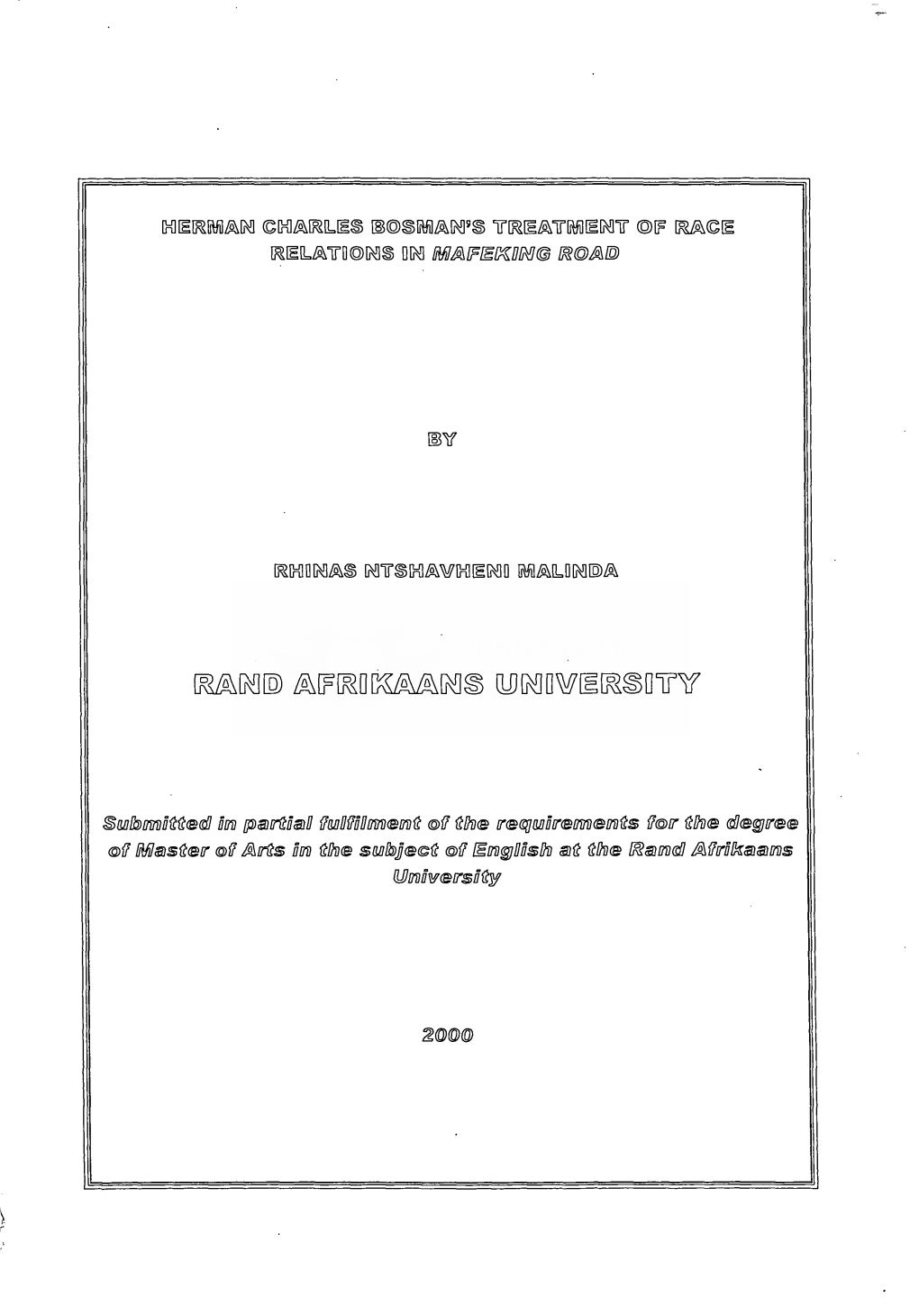 Herman Charles Bosman's Treatment of Race Relations in Mafeking Road