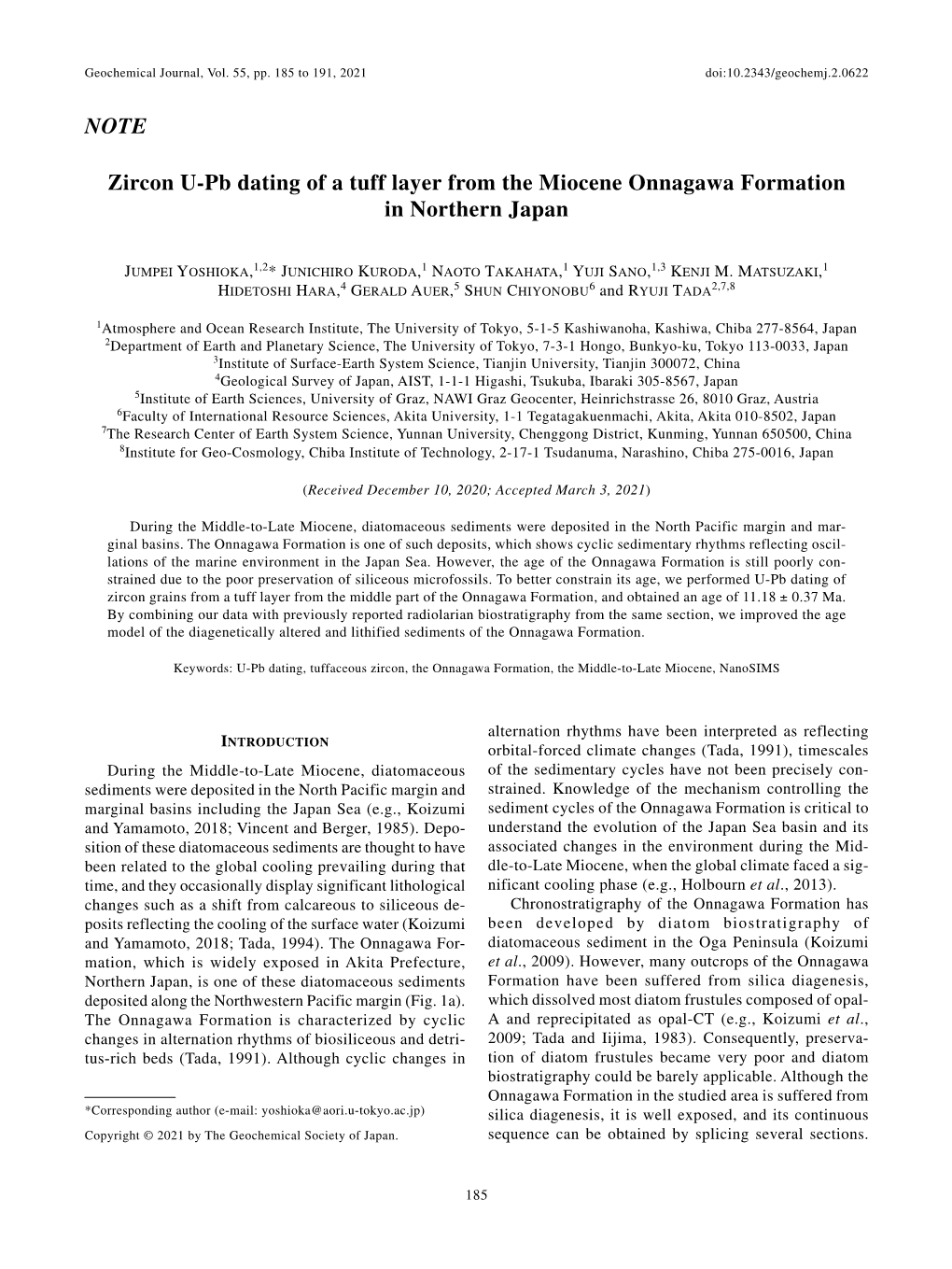 Zircon U-Pb Dating of a Tuff Layer from the Miocene Onnagawa Formation in Northern Japan