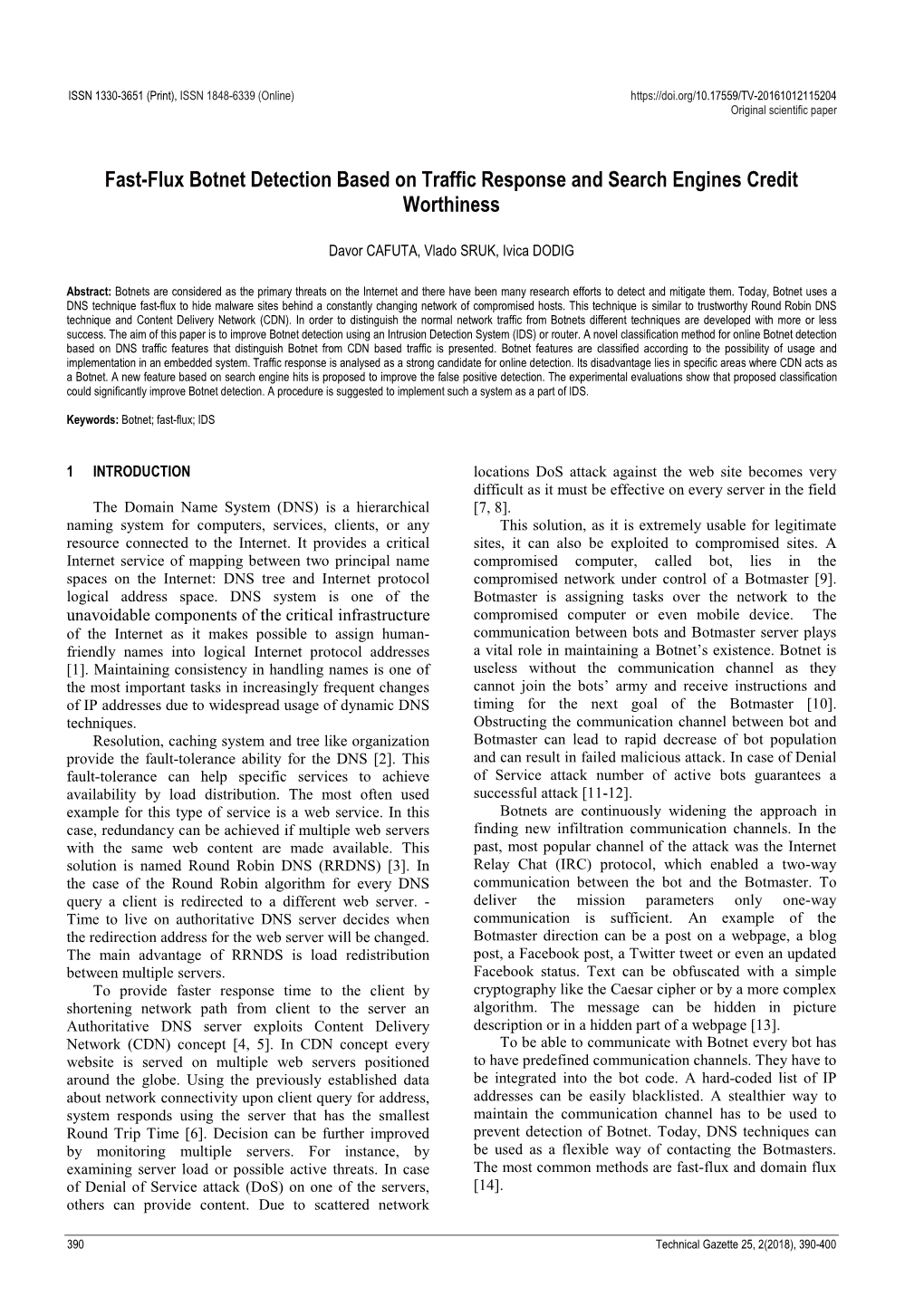 Fast-Flux Botnet Detection Based on Traffic Response and Search Engines Credit Worthiness