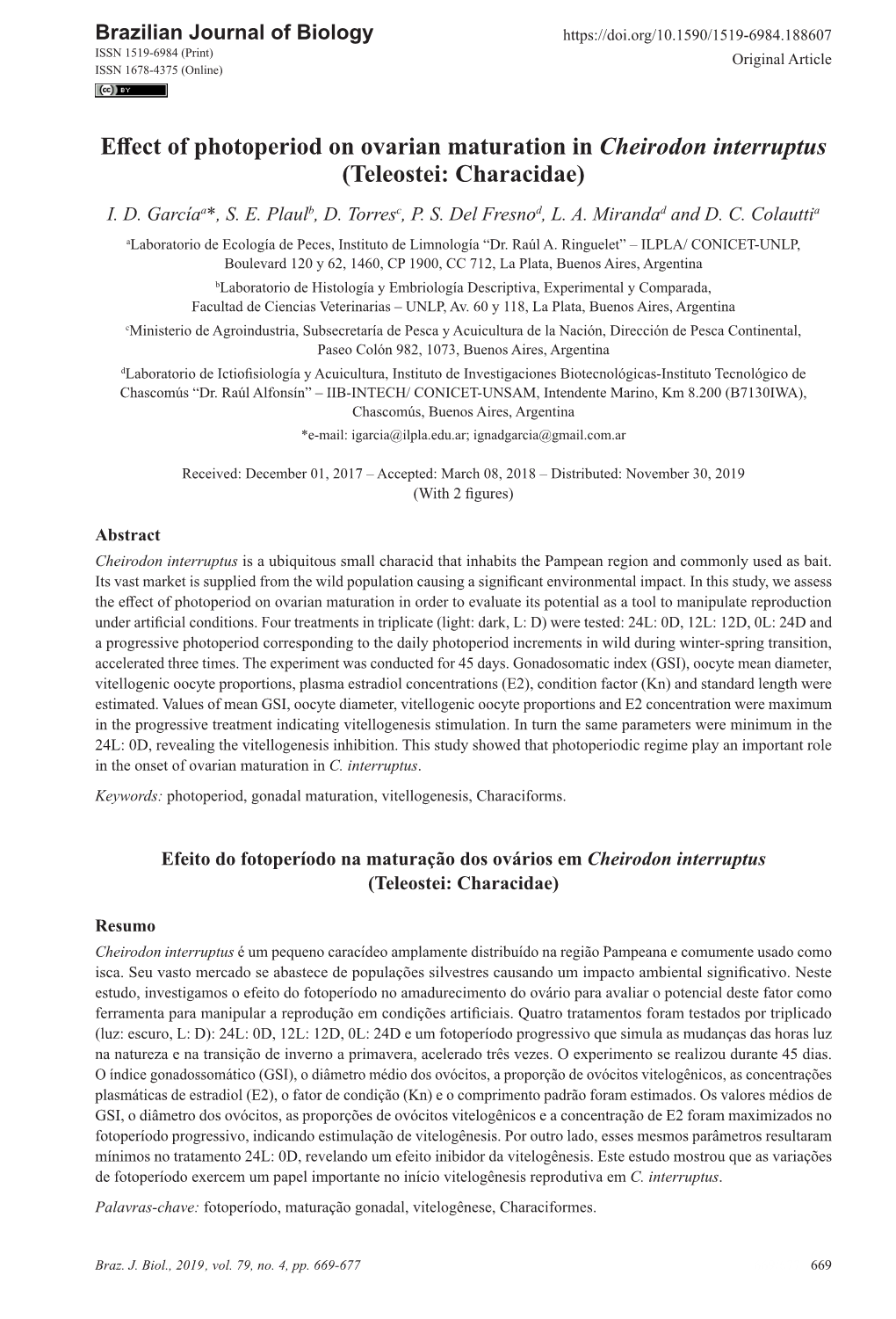 Effect of Photoperiod on Ovarian Maturation in Cheirodon Interruptus