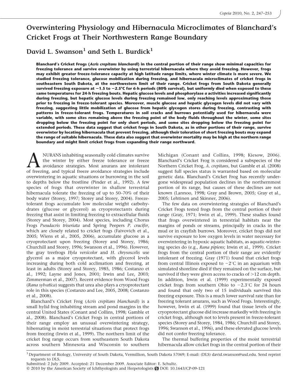 Overwintering Physiology and Hibernacula Microclimates of Blanchard’S Cricket Frogs at Their Northwestern Range Boundary