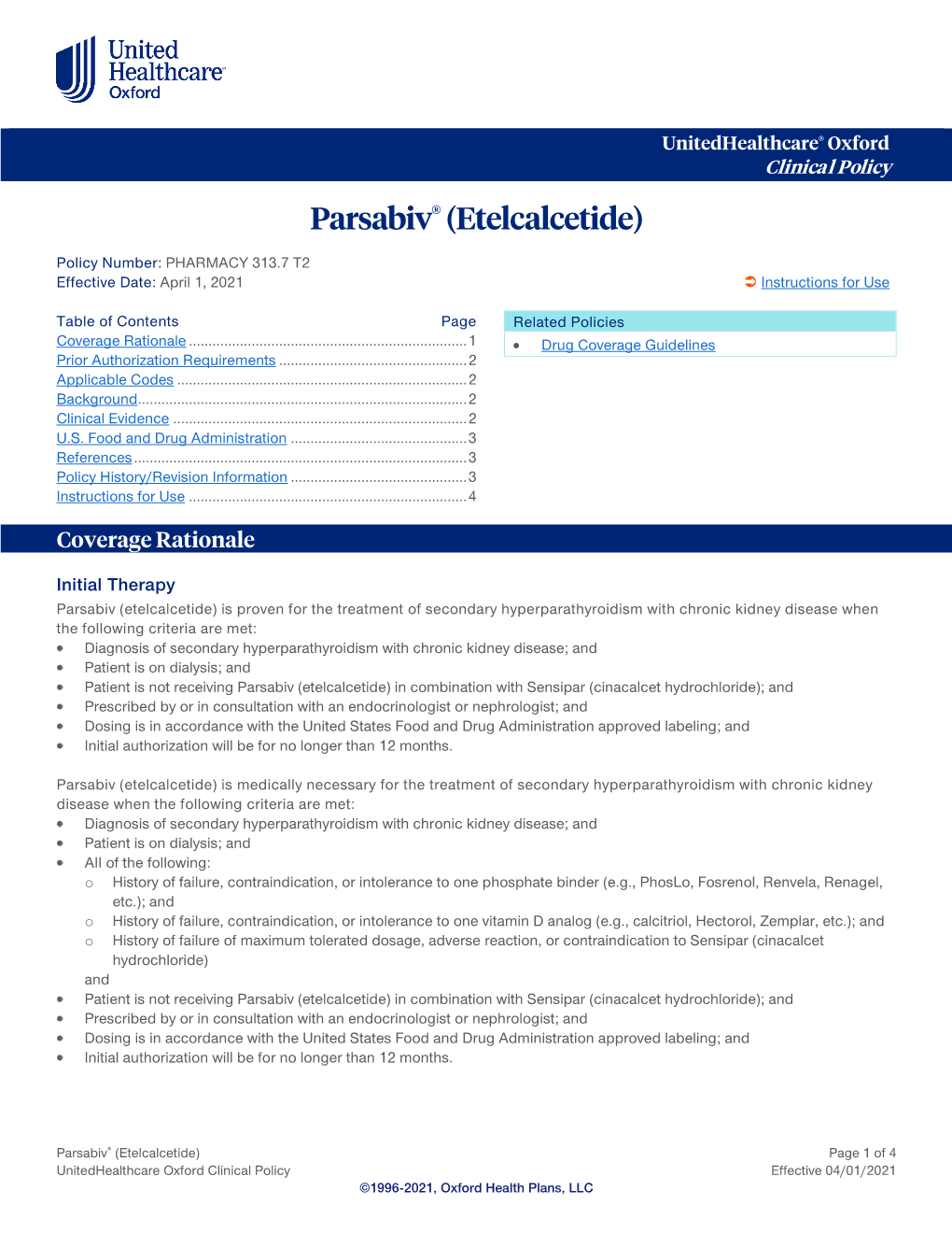 Parsabiv® (Etelcalcetide) – Oxford Clinical Policy