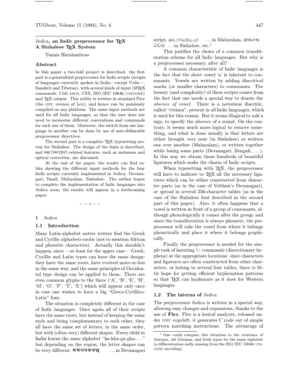 Tugboat, Volume 15 (1994), No. 4 447 Indica, an Indic Preprocessor