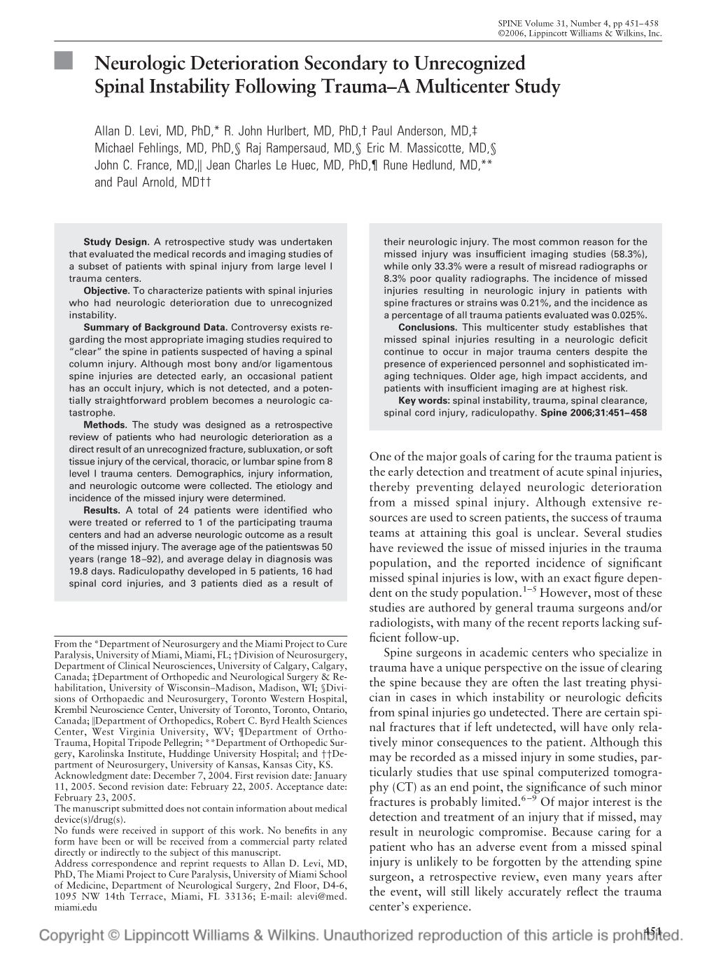 Neurologic Deterioration Secondary to Unrecognized Spinal Instability Following Trauma–A Multicenter Study