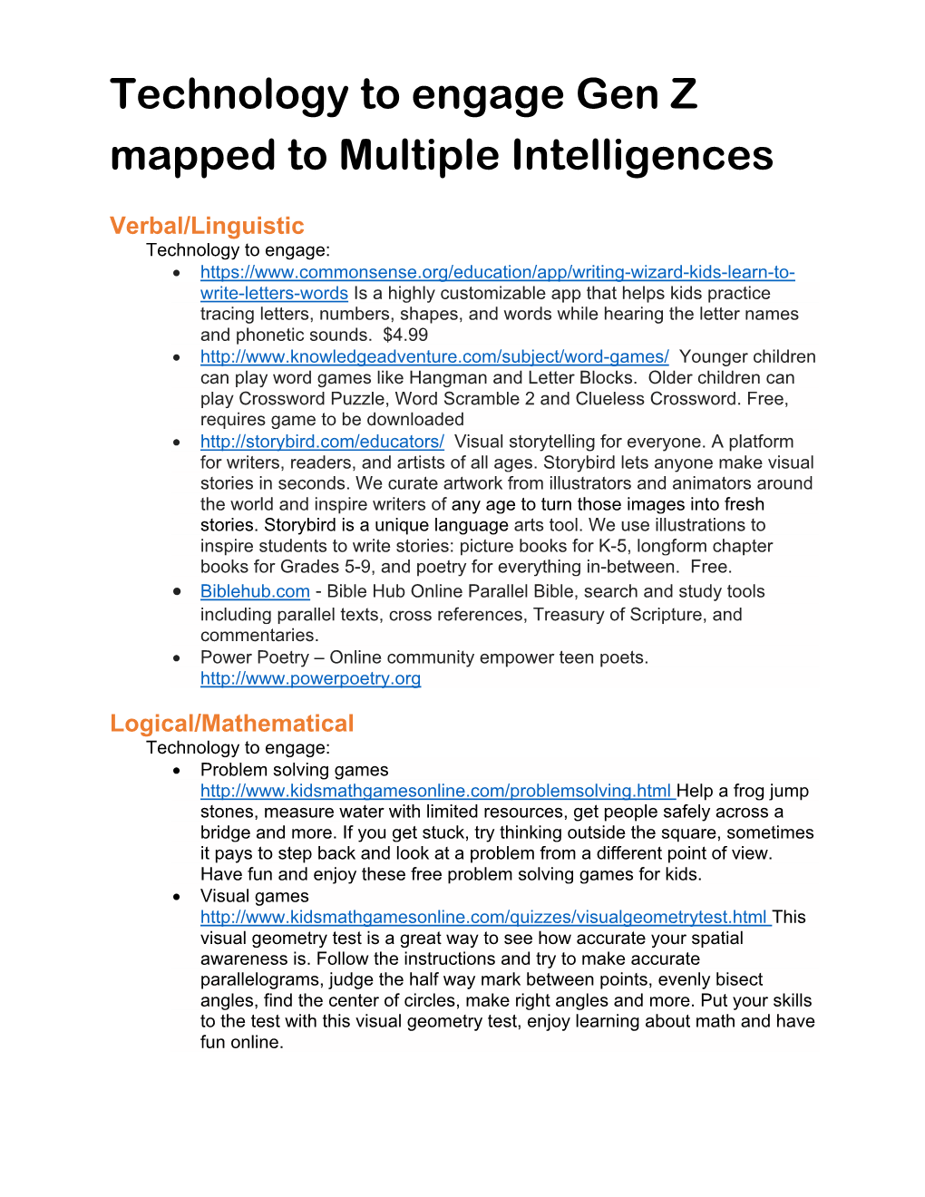 Technology to Engage Gen Z Mapped to Multiple Intelligences