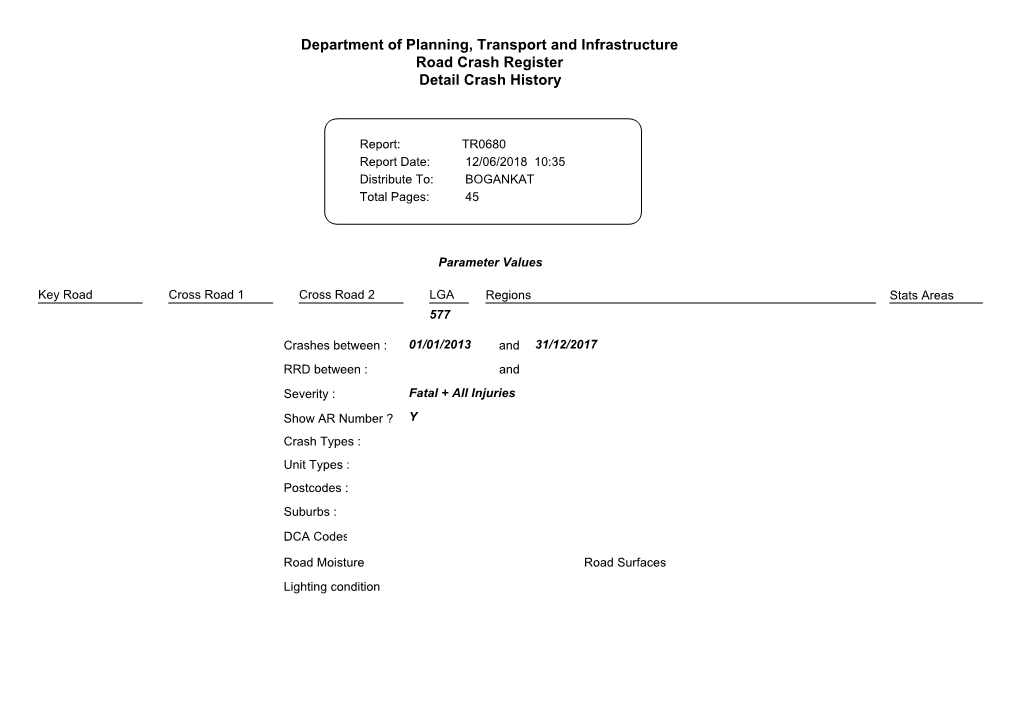 Road Crash Register Department of Planning, Transport and Infrastructure Detail Crash History