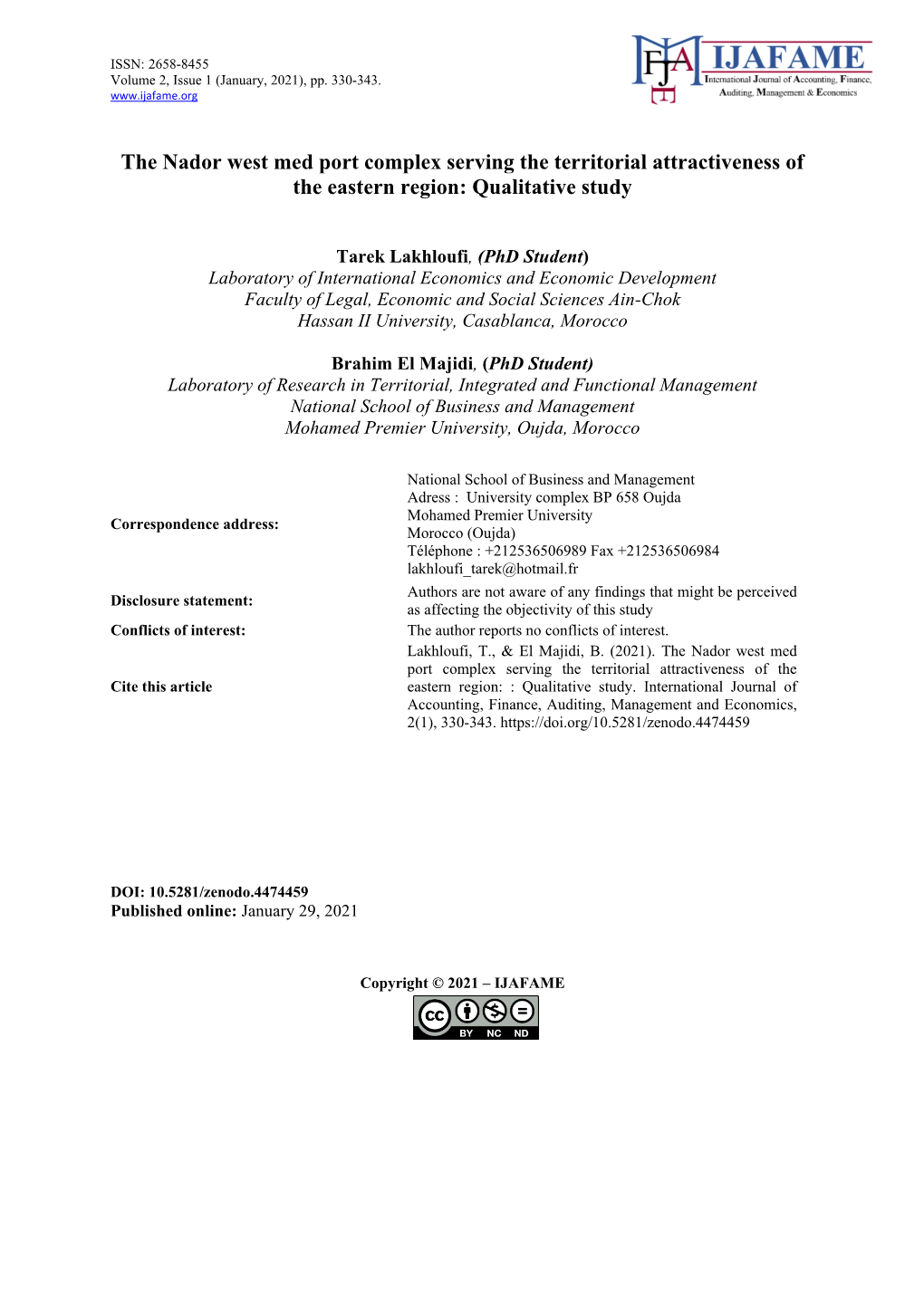 The Nador West Med Port Complex Serving the Territorial Attractiveness of the Eastern Region: Qualitative Study