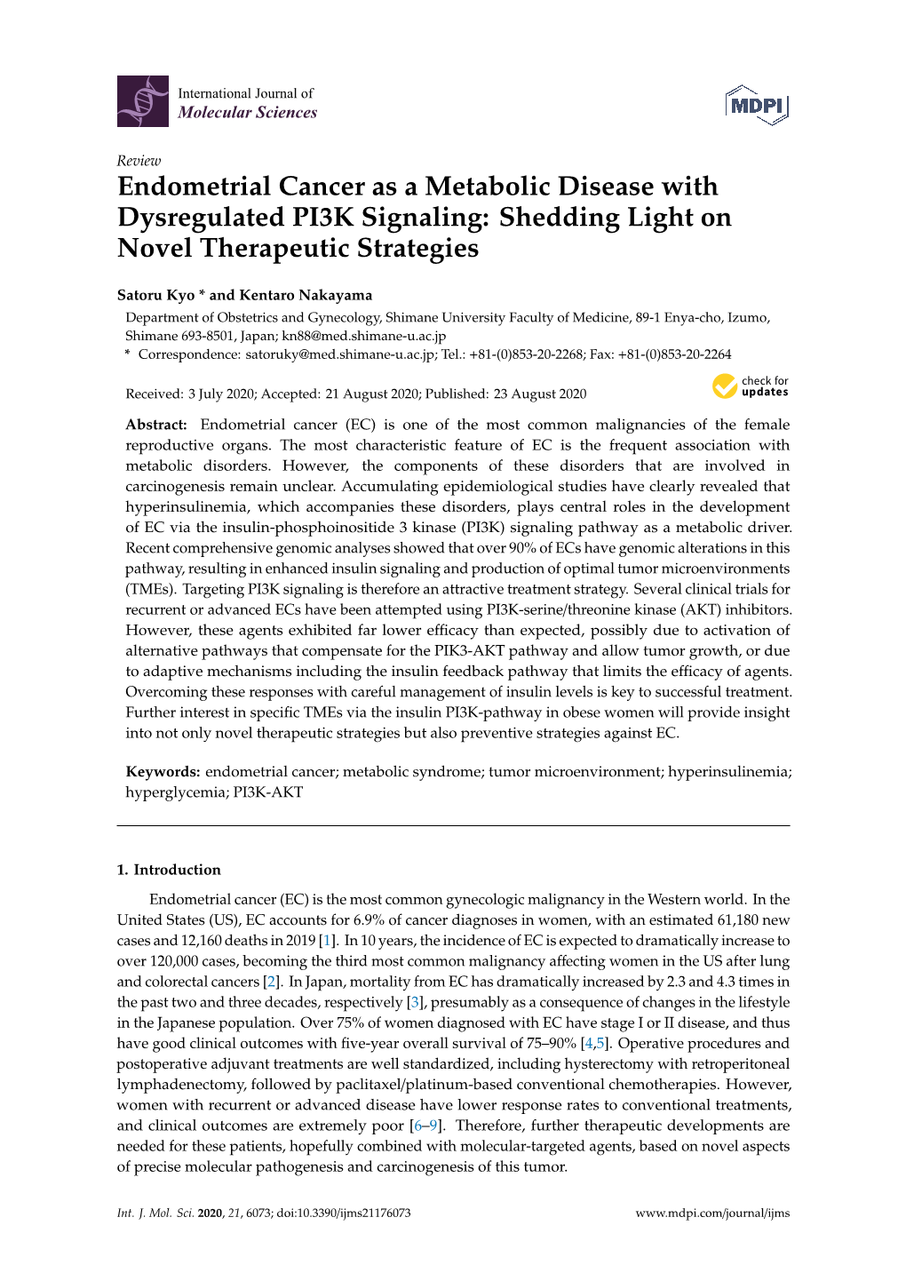 Endometrial Cancer As a Metabolic Disease with Dysregulated PI3K Signaling: Shedding Light on Novel Therapeutic Strategies