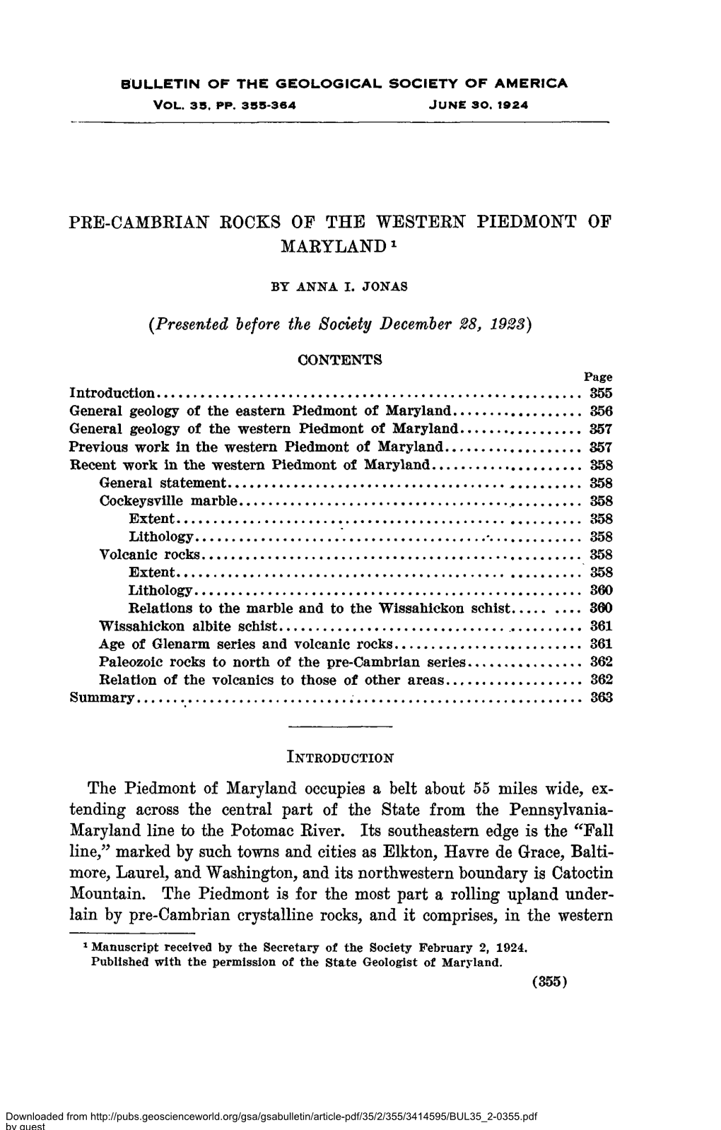 Pre-Cambrian Rocks of the Western Piedmont of Maryland1