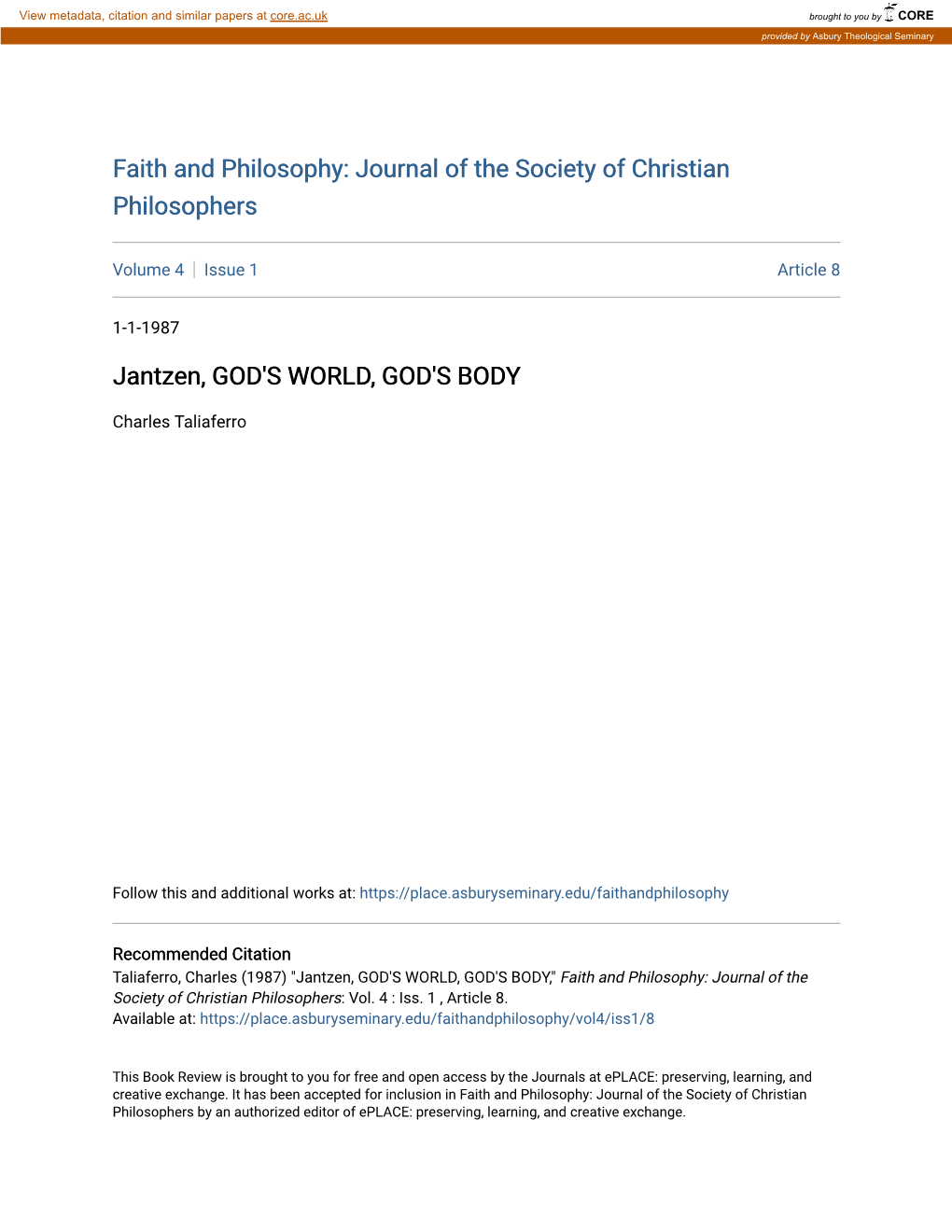 Jantzen, GOD's WORLD, GOD's BODY