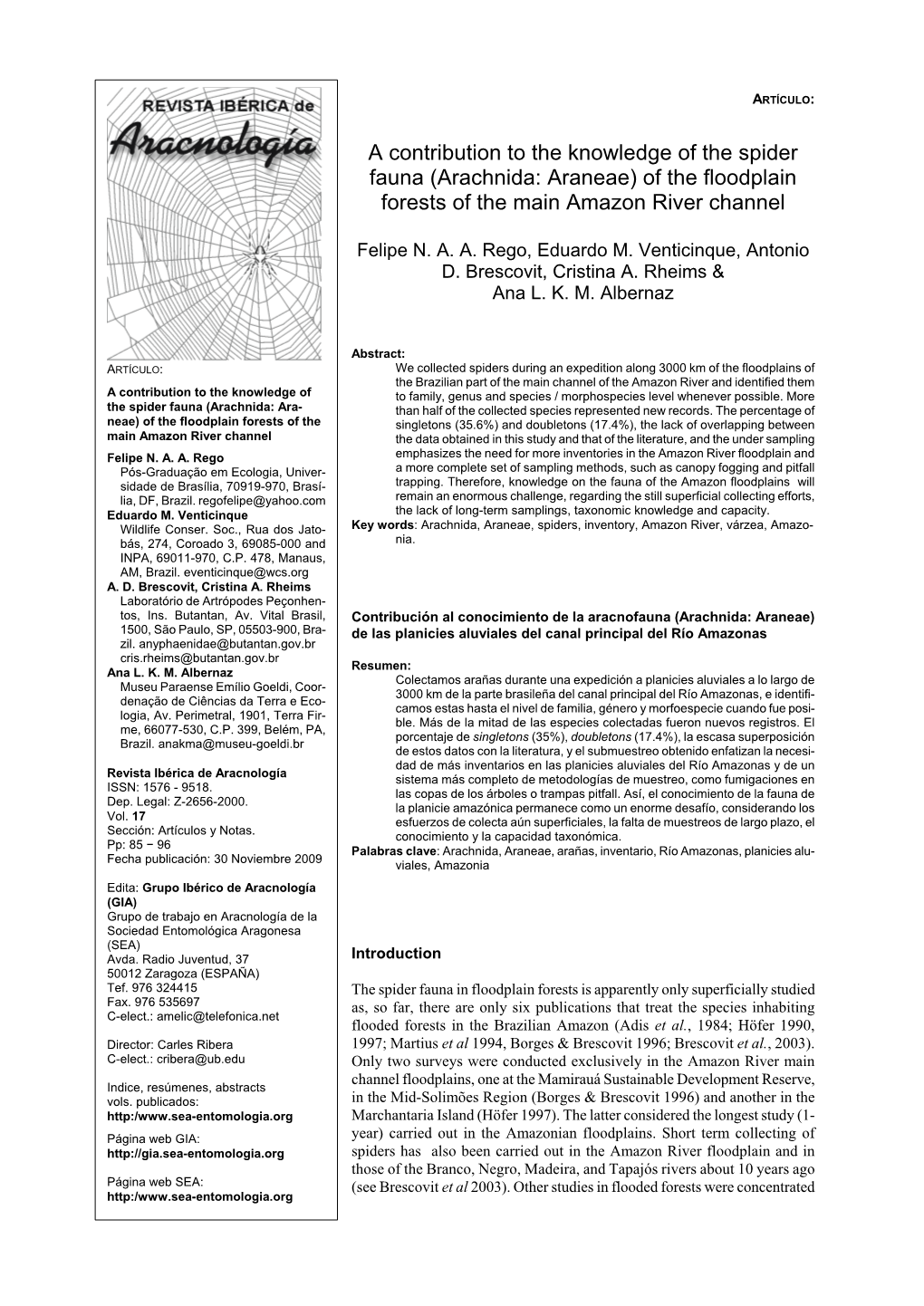 (Arachnida: Araneae) of the Floodplain Forests of the Main Amazon River Channel