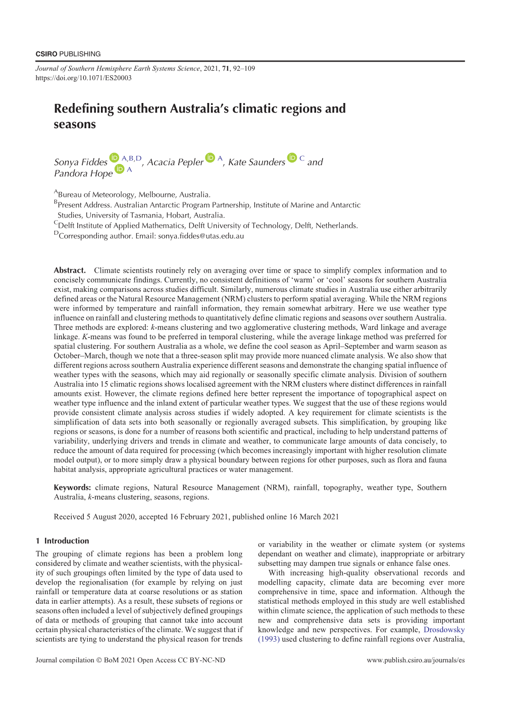 Redefining Southern Australia´S Climatic Regions and Seasons