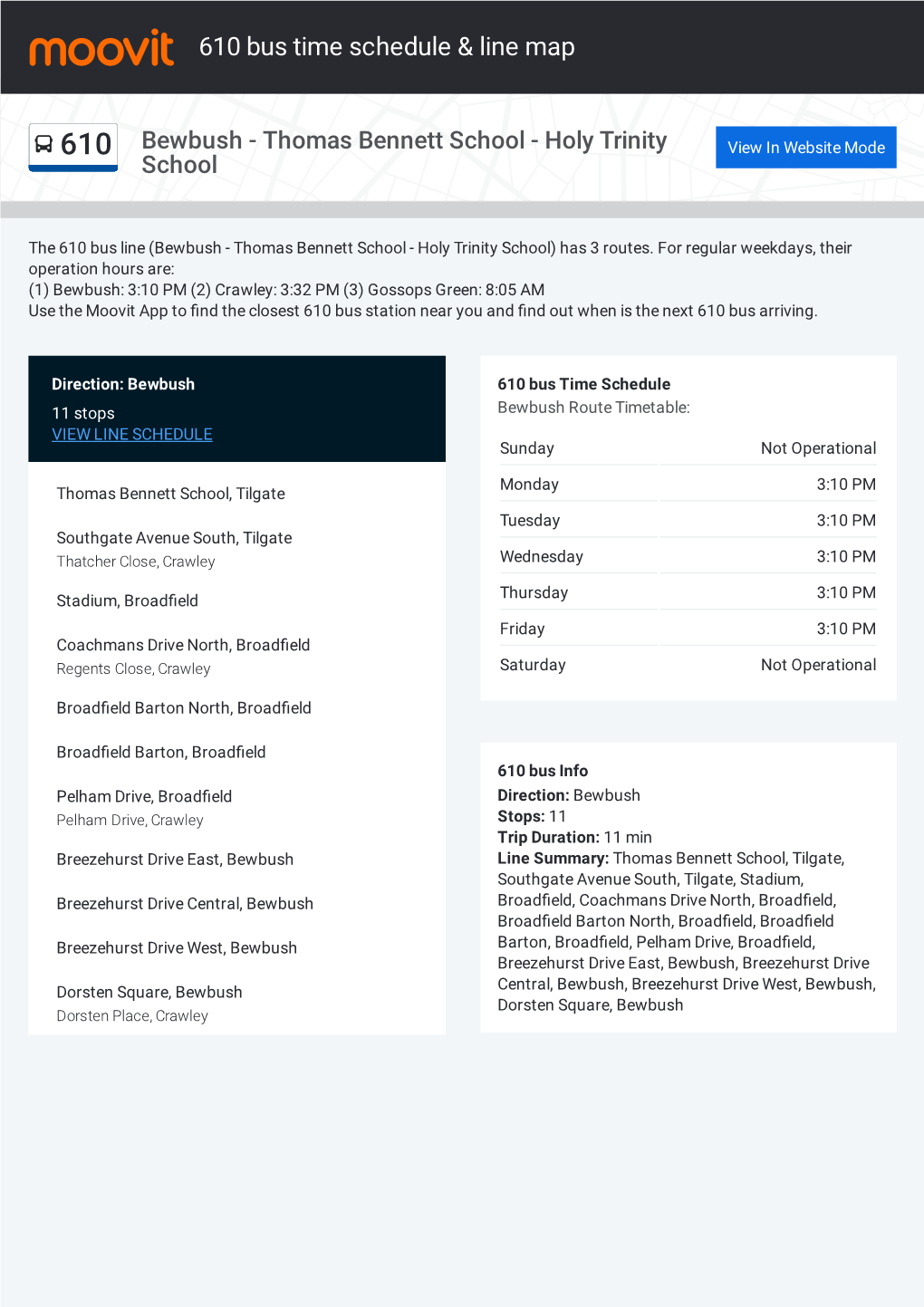 610 Bus Time Schedule & Line Route